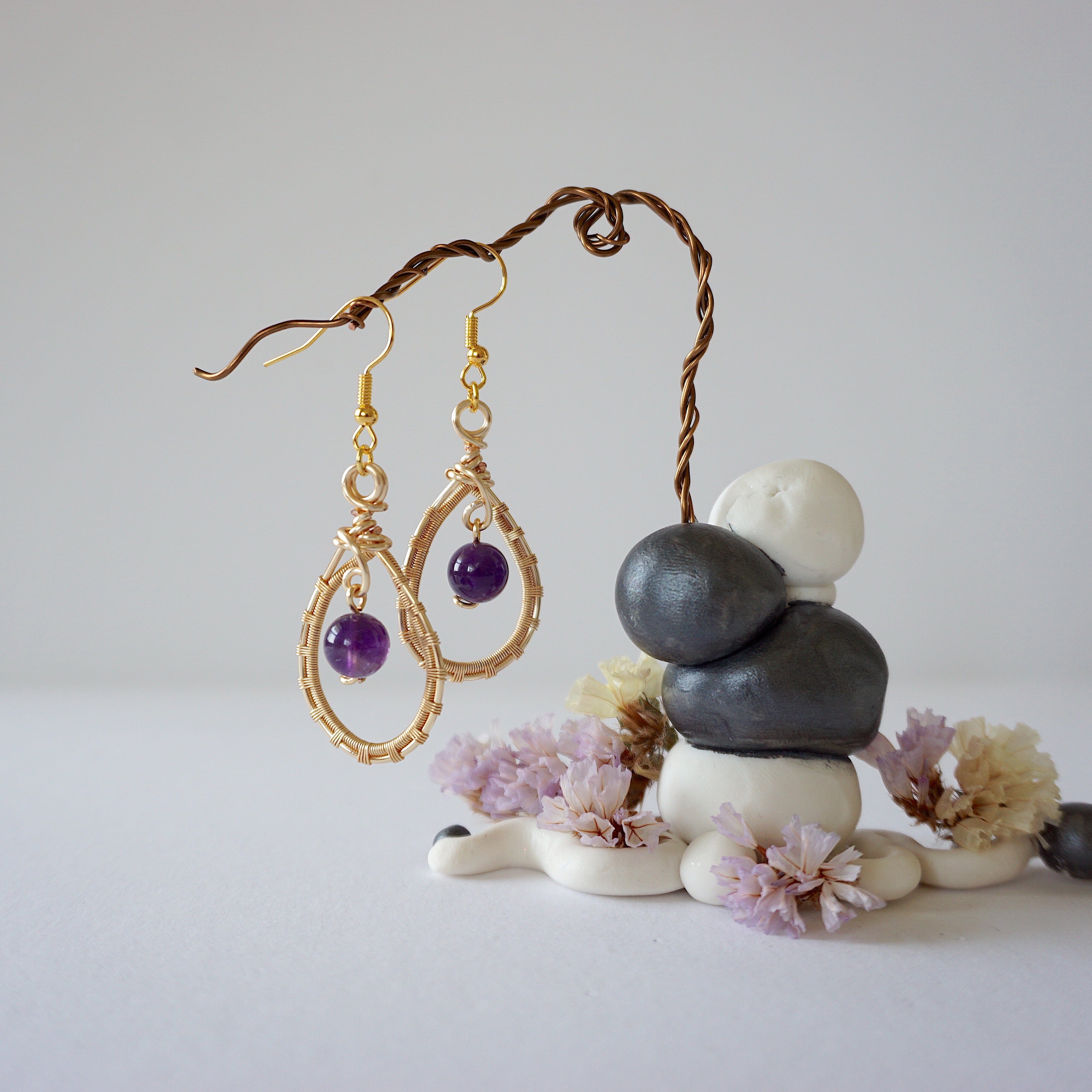 Amethyst Round Wire Earrings - Gold Plated Dangle Earrings for Women | Elegant Jewelry Gift for Birthday, Wedding & Party | Hypoallergenic & Tarnish-Free
