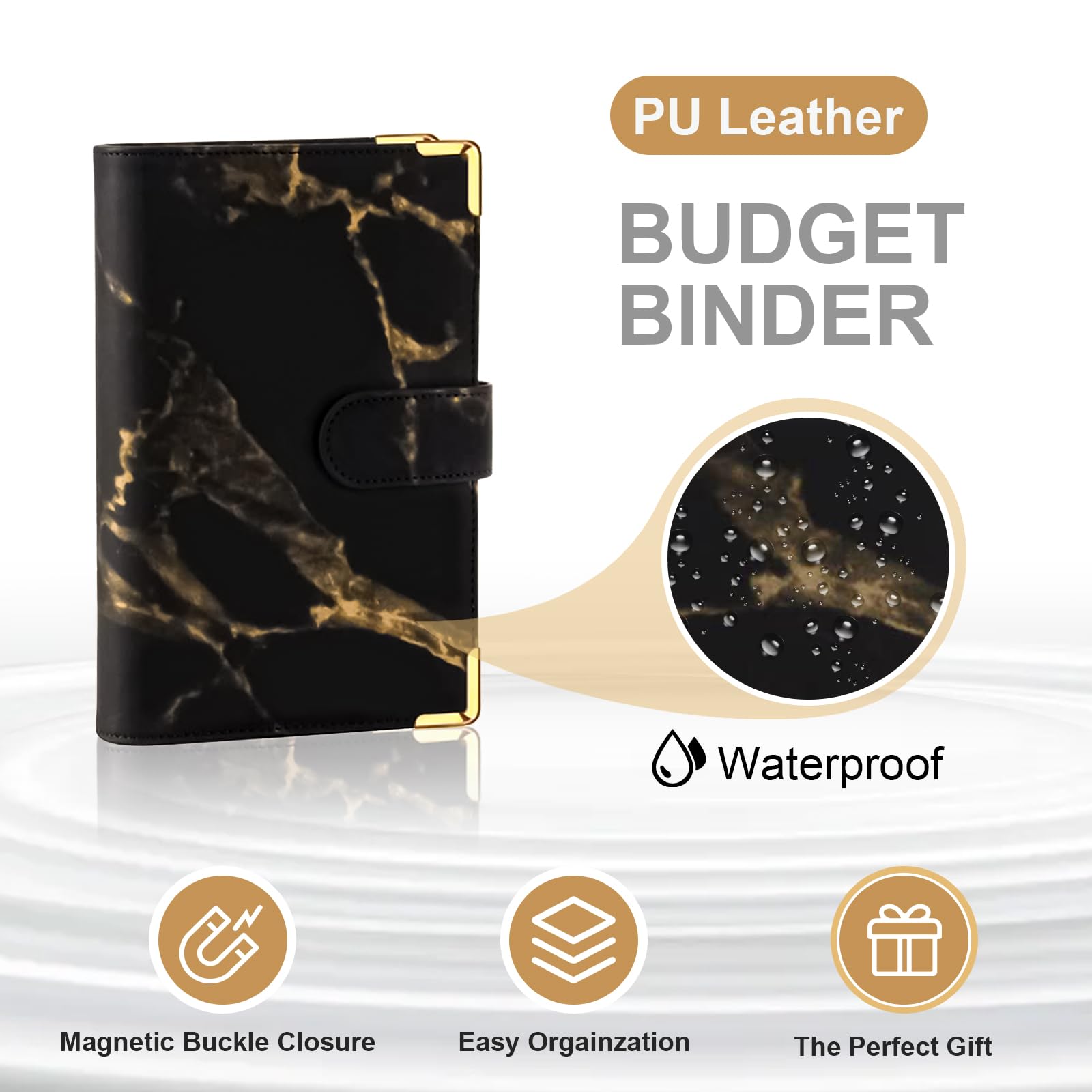 PU Leather Budget Binder with Zipper Envelopes - Money Organizer for Cash, Bills & Coupons | Cash Envelope System for Budgeting & Saving Money | Marble Black | Perfect for Home Finance, Travel & Office Use