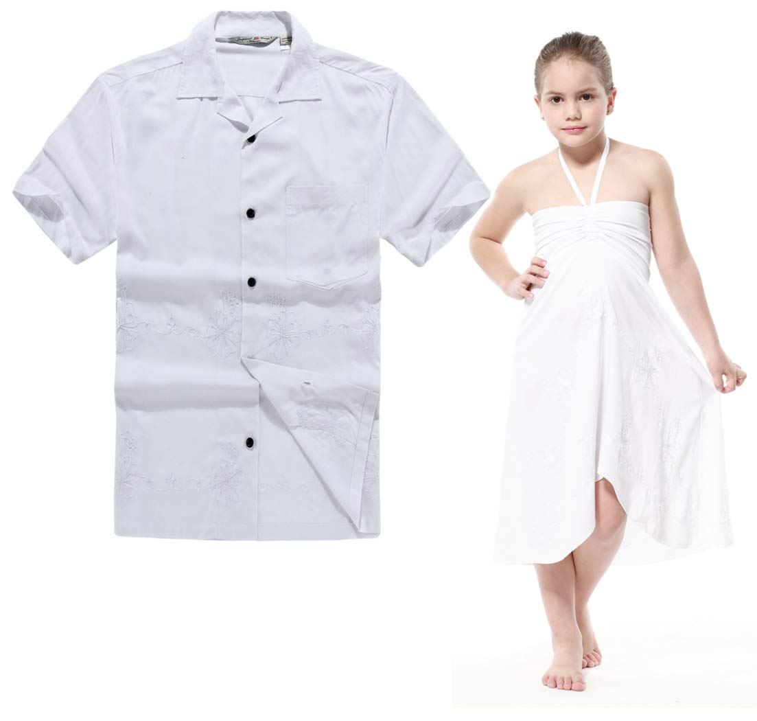 Hawaiian Luau Matching Outfit for Men and Women - Aloha Shirt & Floral Dress Set in White for Beach Wedding, Party, Vacation & Tropical Theme Events