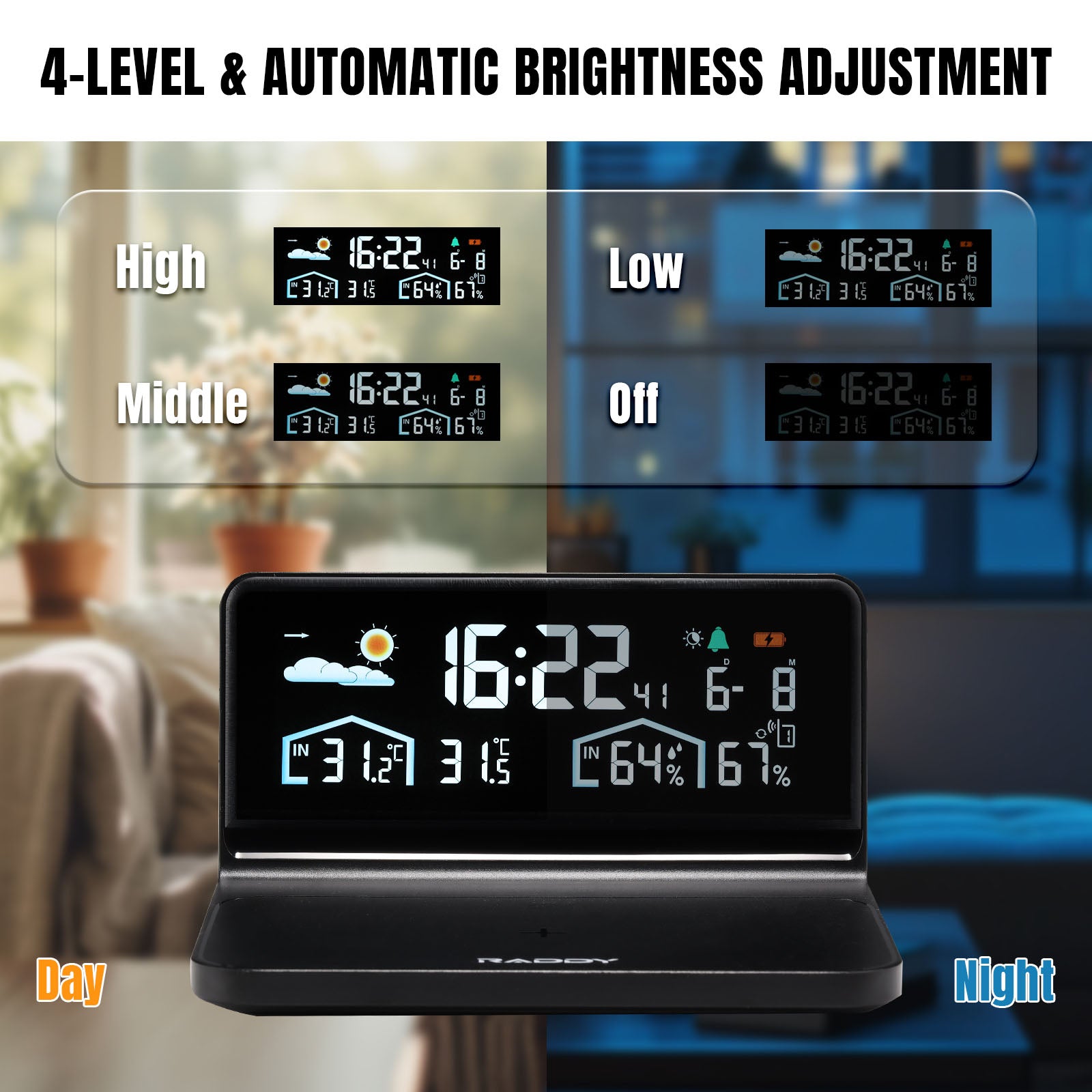 Raddy DT5 W Weather Station with 15W QI Wireless Charging - Wireless Thermometer, Color Display, Alarm & Snooze, Weather Forecast, Adjustable Backlight - Perfect for Home, Office, and Outdoor Use