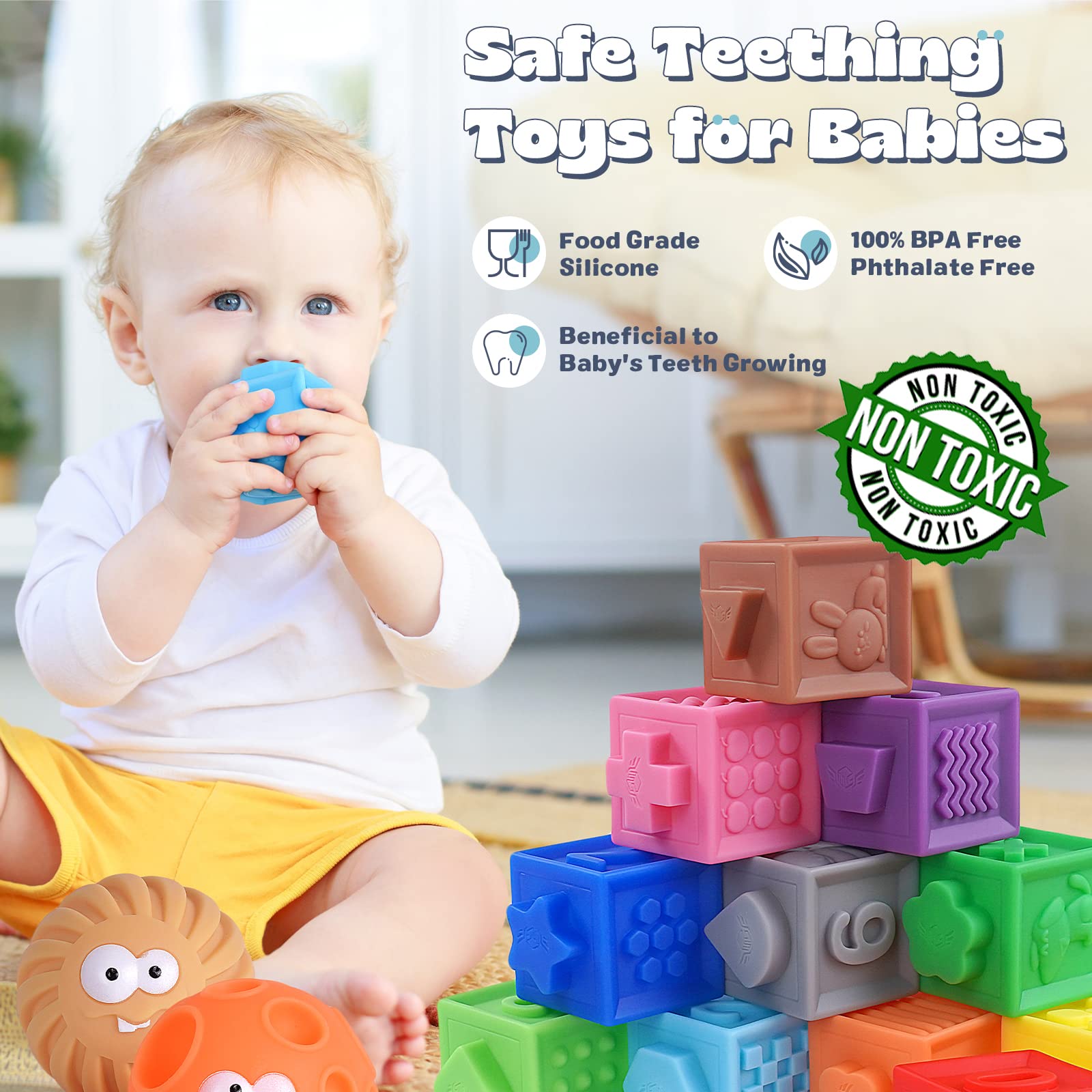 **ADFO 5-in-1 Montessori Baby Toys for 6-18 Months – 43PCS Educational Sensory Toys for 1, 2, 3 Year Olds – Soft Stacking Blocks, Shape Sorter & Teething Bath Toys – Perfect for Playtime, Learning & Travel**