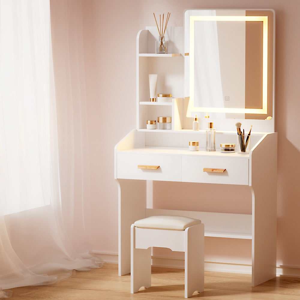 Doris LED Vanity Mirror with Stool Set - Adjustable Brightness Touch Screen Makeup Mirror for Bedroom & Bathroom - White (Perfect for Makeup Application, Skincare Routine & Home Decor)