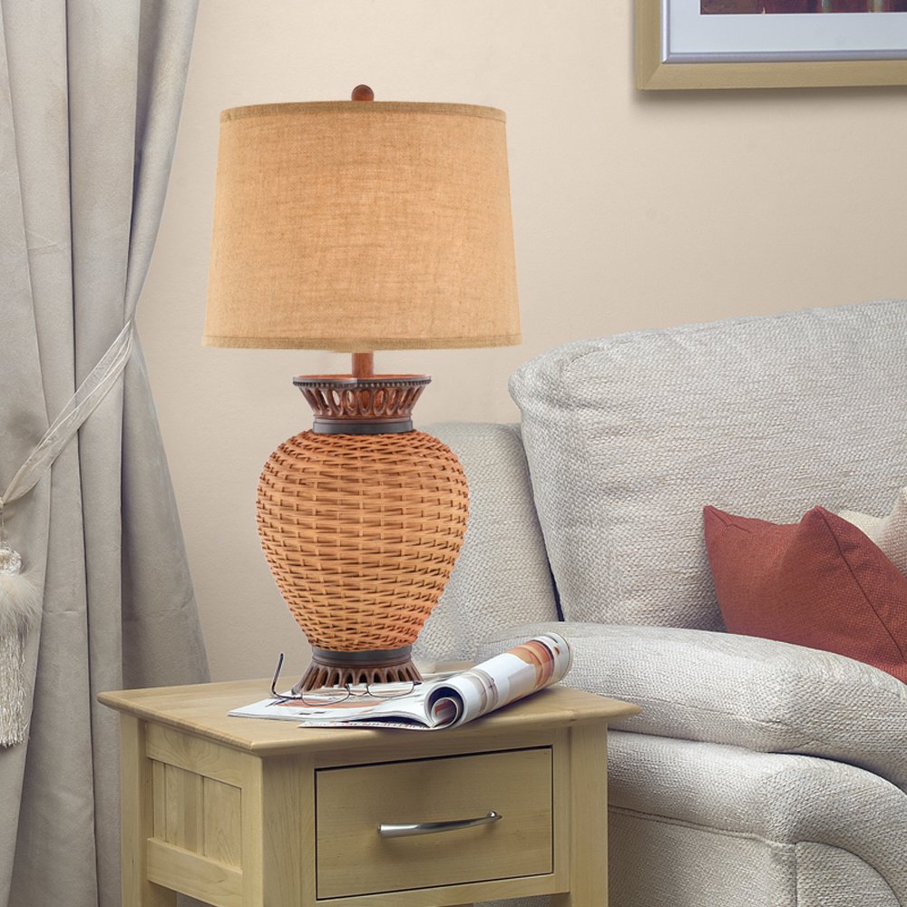Catalina 19102-001 33-Inch Natural Rattan Table Lamp with Rustic Bronze Finish & Textured Linen Shade - 3-Way Lighting for Living Room, Bedroom, or Office Decor