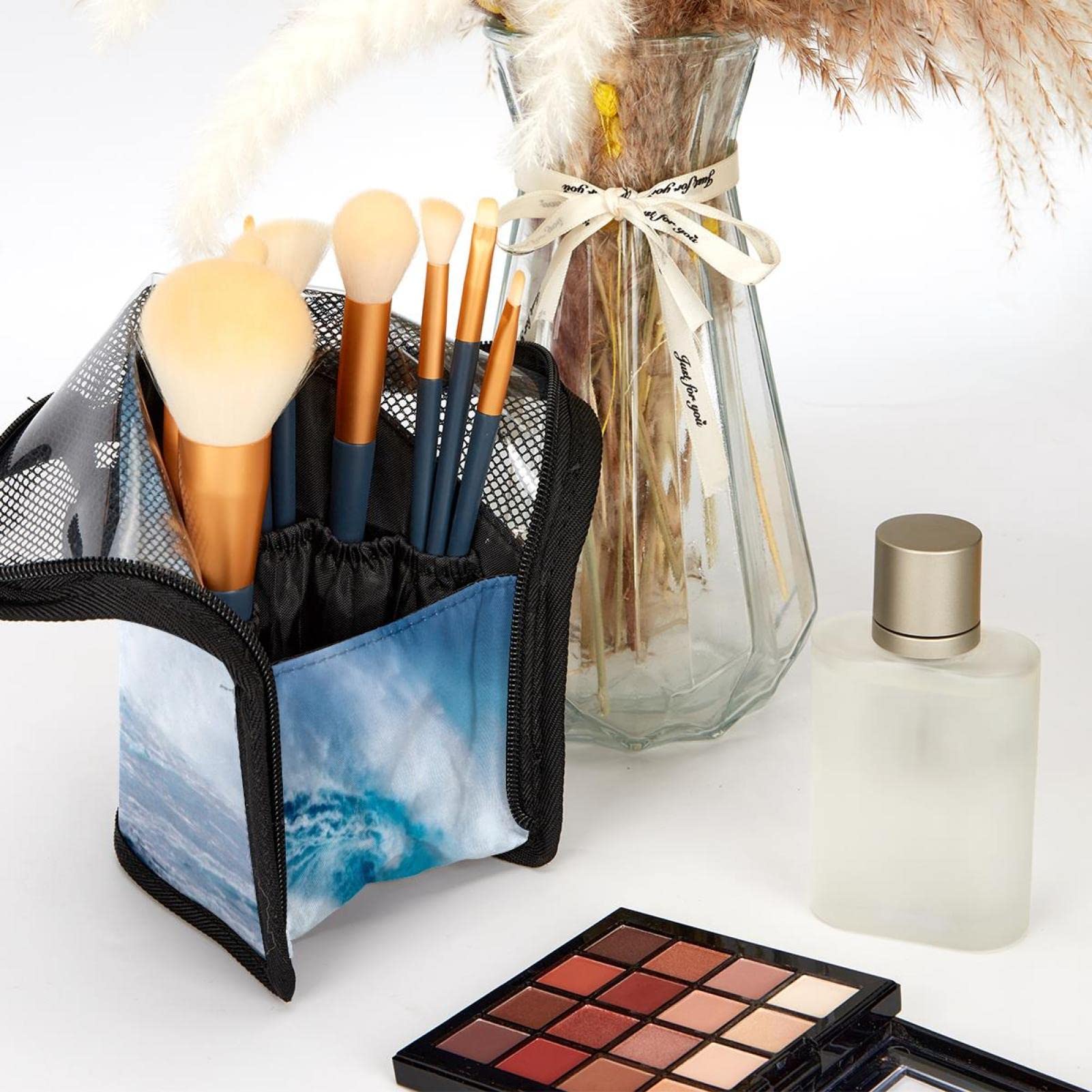 12-Piece Makeup Brush Organizer Bag with Ocean Wave Design - Portable Travel Cosmetic Brush Holder Case for Makeup Artists & Beauty Enthusiasts - Perfect for Travel, Home, and Professional Use
