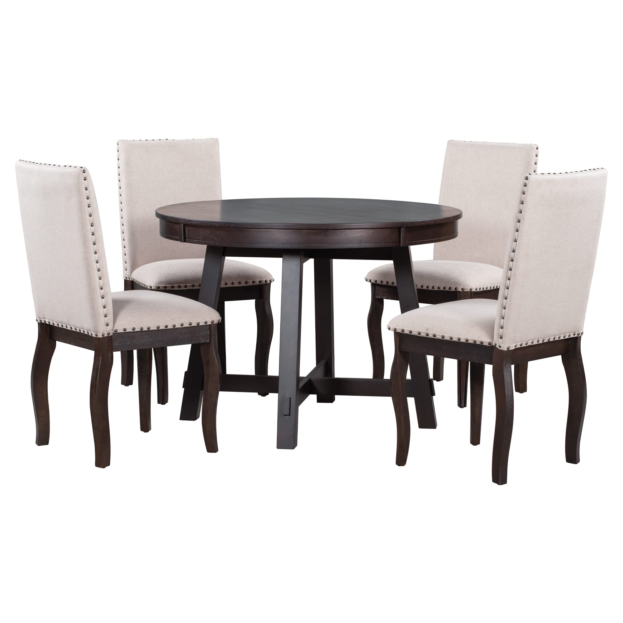 Quarte 5-Piece Farmhouse Dining Table Set - Extendable Round Wood Table with 4 Upholstered Chairs in Espresso, Perfect for Small Spaces, Family Gatherings & Cozy Meals