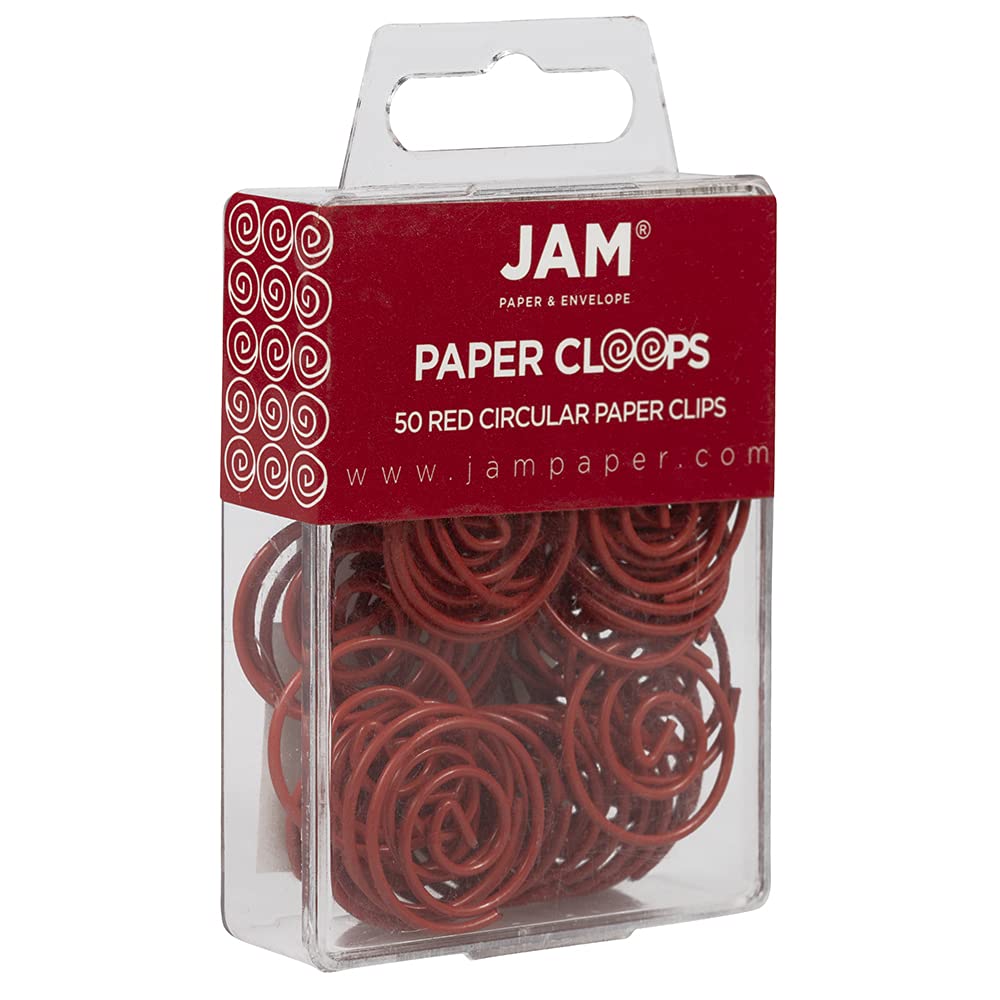 JAM PAPER Circular Paper Clips - Round Paperclips for Office & School Supplies - Red - 50/Pack - Perfect for Organizing Documents, Photos & Craft Projects