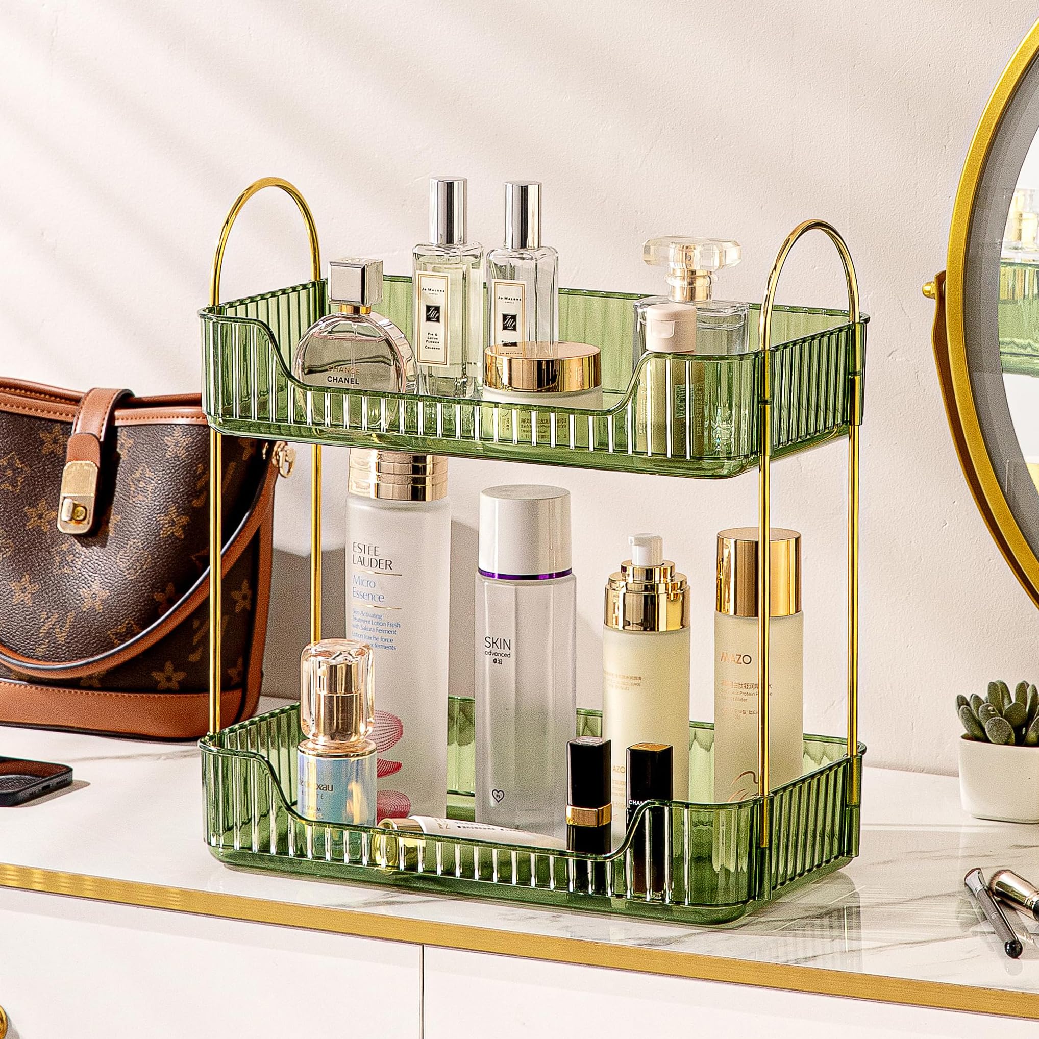 2-Tier Green Bathroom Counter Organizer & Skincare Shelf - Perfume Holder, Cosmetic Tray for Makeup, Lipstick & Beauty Products - Perfect for Vanity, Dresser & Bathroom Countertop Organization