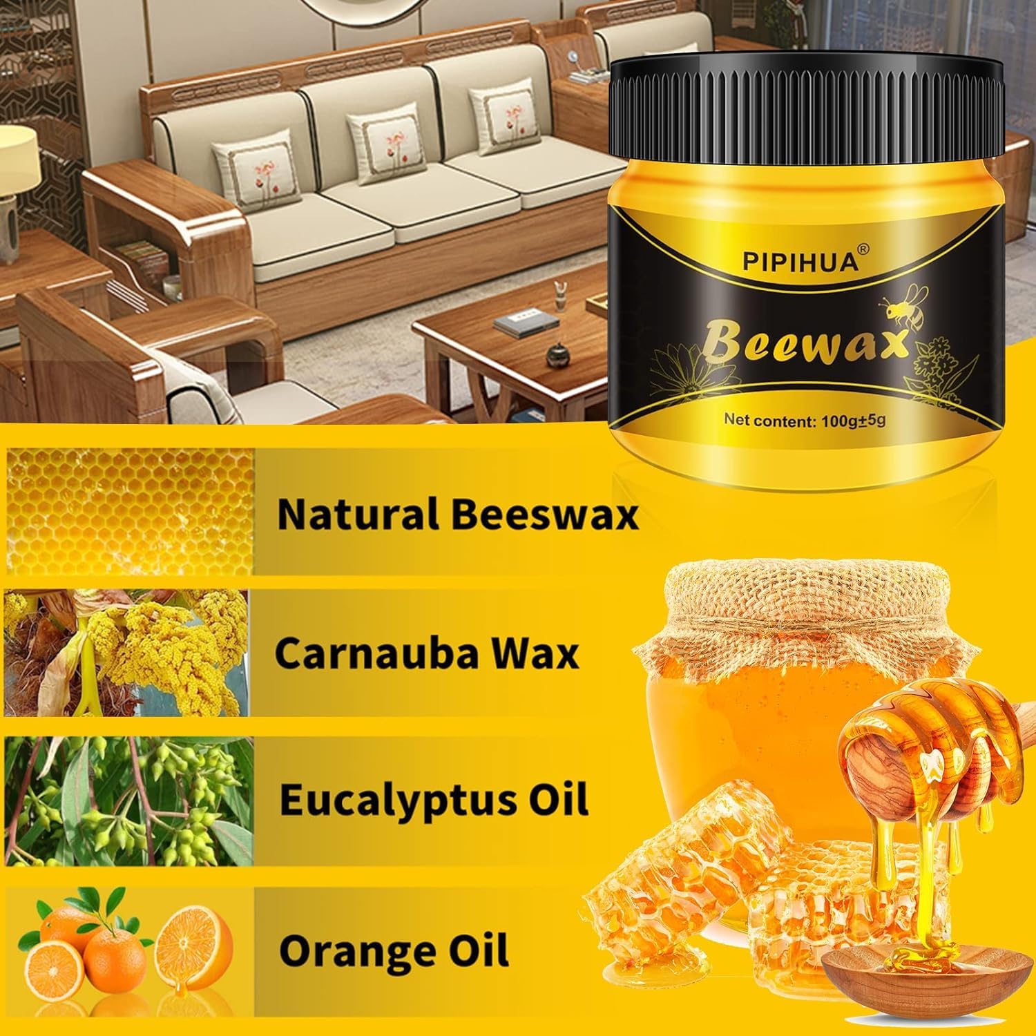 Premium Beeswax Polish & Wood Conditioner for Furniture - Natural Waterproof Wax, Scratch Repair & Protective Finish | Multipurpose Wood Cleaner & Polish Kit (2x100g + 4 Sponges) | Ideal for Tables, Cabinets, Floors & Antique Wood Restoration