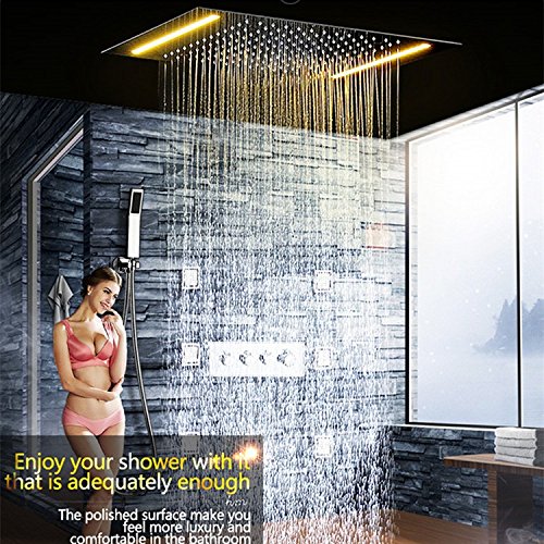 Concealed Thermostatic Shower Set - SUS304 Bathroom Mixer Faucet with LED Ceiling Shower Head & Yellow Light - Perfect for Modern Bathrooms, Spa-Like Showers, and Luxury Home Renovations