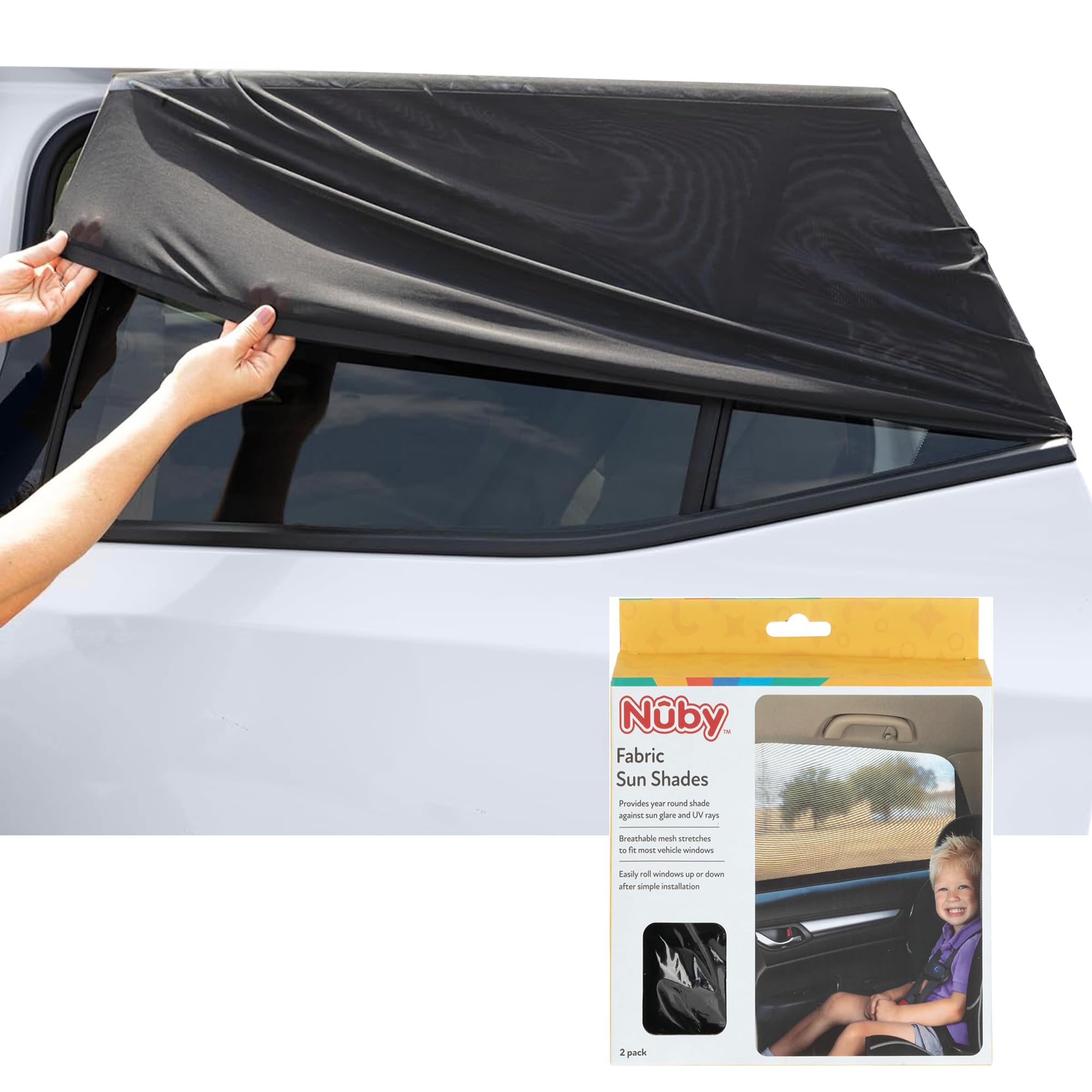 Nuby 2-Pack Car Seat Sunshade for Baby | Breathable Mesh Window Shade Blocks UV Rays & Bugs | Keeps Car Cool with Fresh Air Flow | Perfect for Road Trips & Summer Driving (Black)