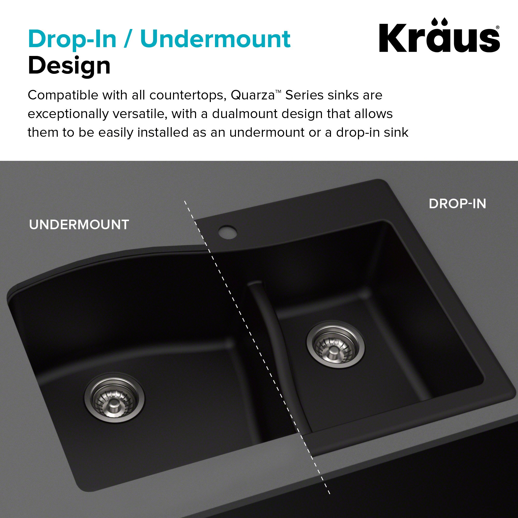 KRAUS Quarza™ 33-Inch Black Granite Dual Mount 60/40 Double Bowl Kitchen Sink with WasteGuard™ Continuous Feed Garbage Disposal (KGD-442BL-100-75MB) - Perfect for Modern Kitchens, Remodeling & Heavy-Duty Cooking