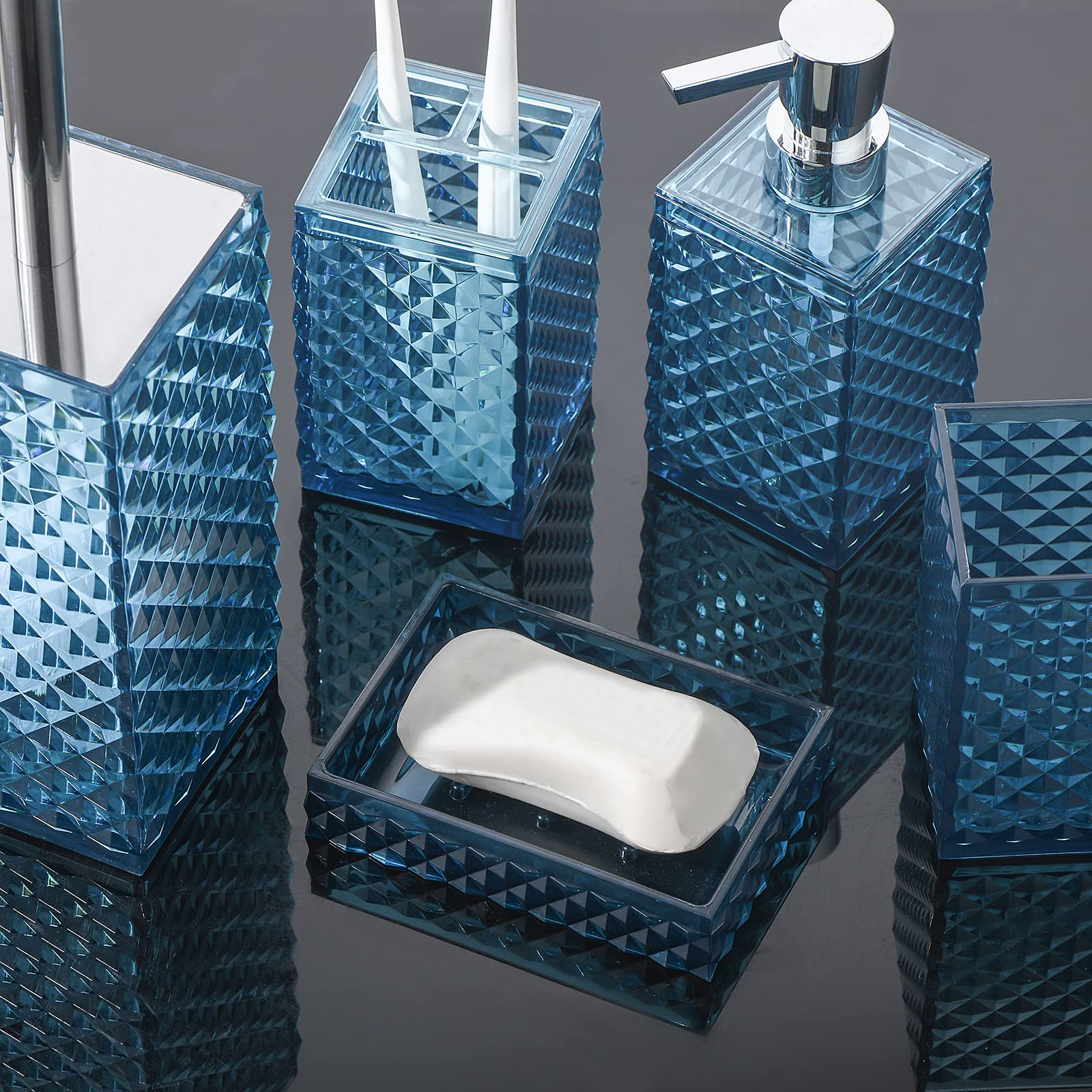 6-Piece Acrylic Bathroom Accessories Set - Toothbrush Holder, Cup, Soap Dispenser, Toilet Brush with Holder & Soap Dish | Modern Bathroom Decor | Housewarming Gift (Blue) | Perfect for Guest Bathrooms, Apartments & Home Renovations