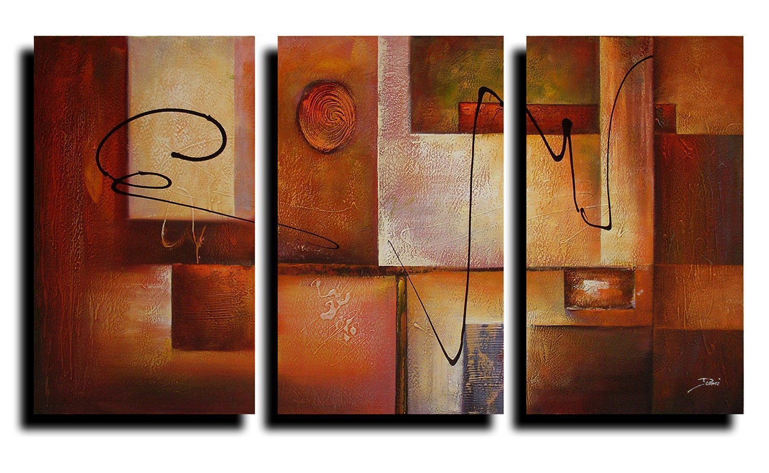 QICAI 100% Hand Painted Modern Canvas Wall Art - 3 Panel Dark Brown Geometric Abstract Oil Painting Set for Living Room, Bedroom & Office Decor - Home Decoration Gift (3 Pieces)