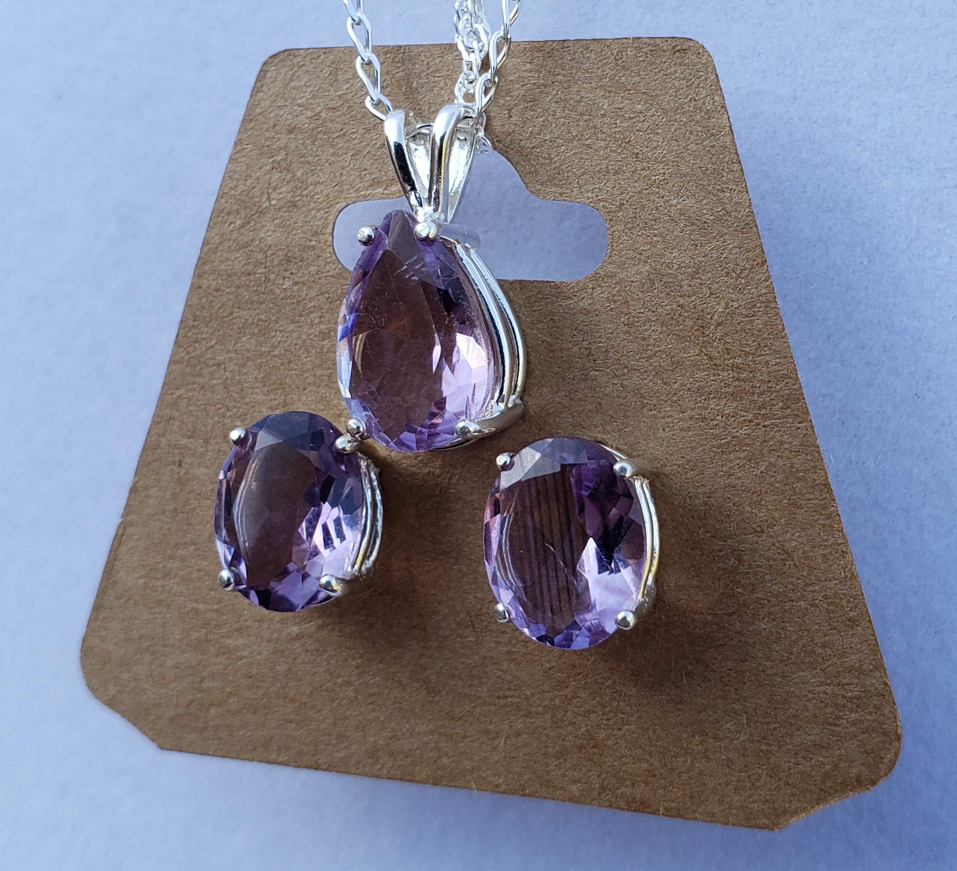 Natural Amethyst Sterling Silver Earrings & Necklace Set for Women - Elegant Purple Crystal Jewelry Gift for Birthday, Anniversary & Special Occasions