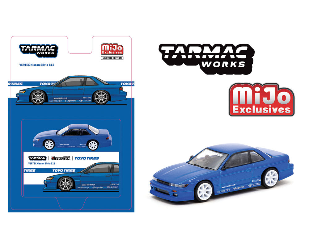 Tarmac Works 1:64 Scale Nissan Silvia S13 Vertex Blue Metallic Diecast Model Car with Toyo Tires - Perfect for Collectors, Display, and Racing Scenes
