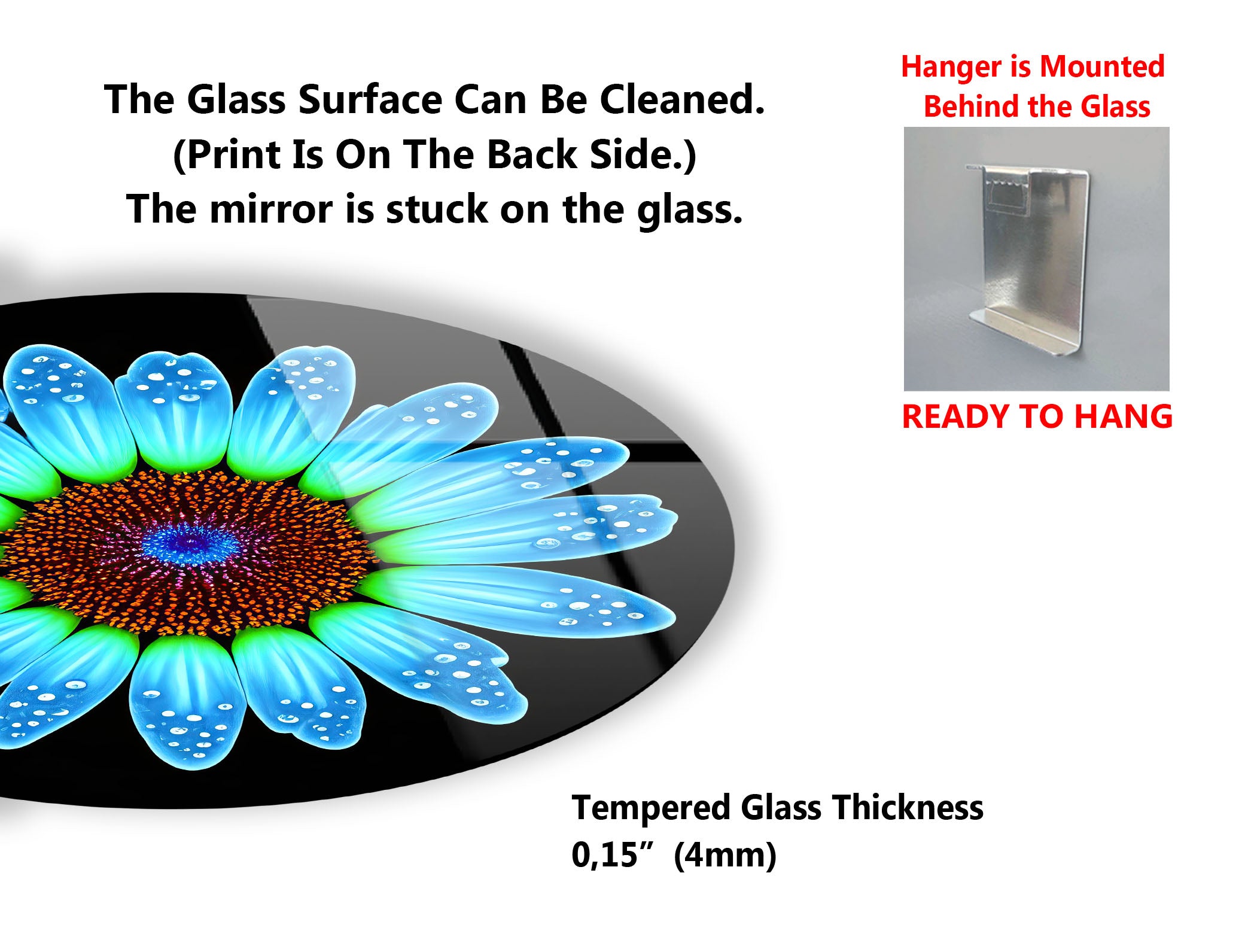 Blue Daisy Flower Wall Art - Modern Round Floral Glass Print with Water Droplets for Living Room, Bedroom & Office Decor