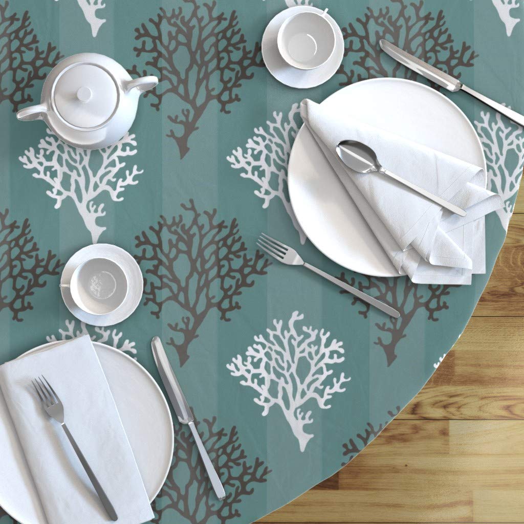 Coral Beach Walk Reef Ocean Nautical Sea Life Fish Print Cotton Sateen Tablecloth - 70 Inch Round Custom Table Linens for Dining Room, Beach Party & Coastal Home Decor