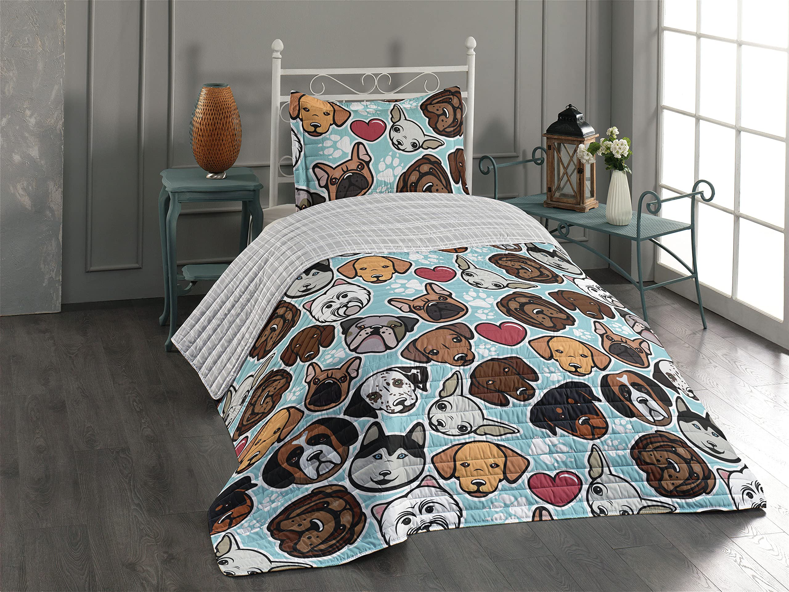 Ambesonne Reversible Dog Lover Bedspread Set - Bulldog, Chihuahua, Siberian Husky & Retriever Design with Heart & Paw Prints | Microfiber Comforter & Pillow Shams | Twin Size Pale Blue Multicolor | Perfect for Pet Lovers' Bedroom Decor & Cozy Home Styling