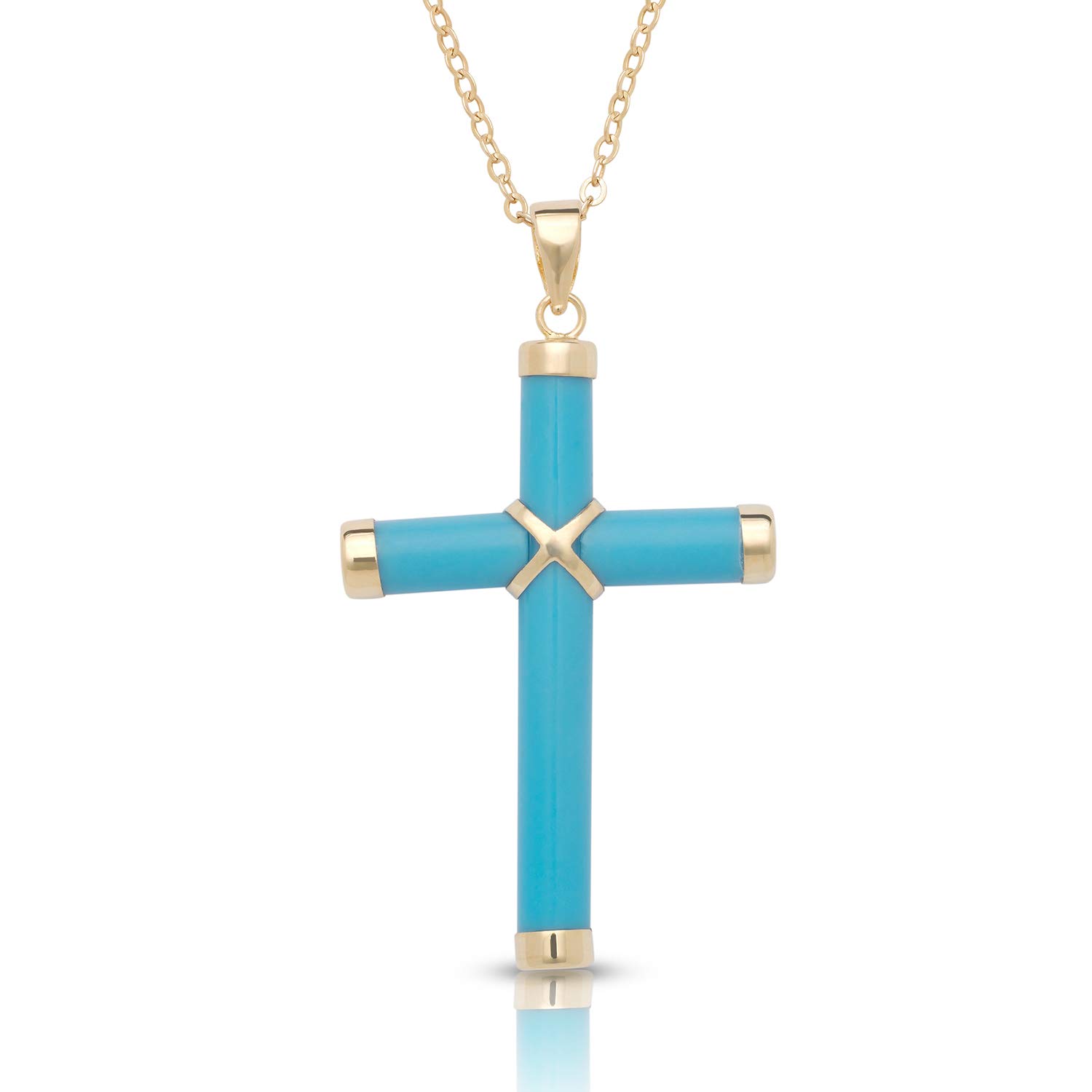 14K Yellow Gold Cross Pendant Necklace with Stabilized Turquoise or Lavender Jade - 16 Inch Chain, 25mm x 35mm Size - Perfect for Gifts, Religious Occasions & Everyday Elegance