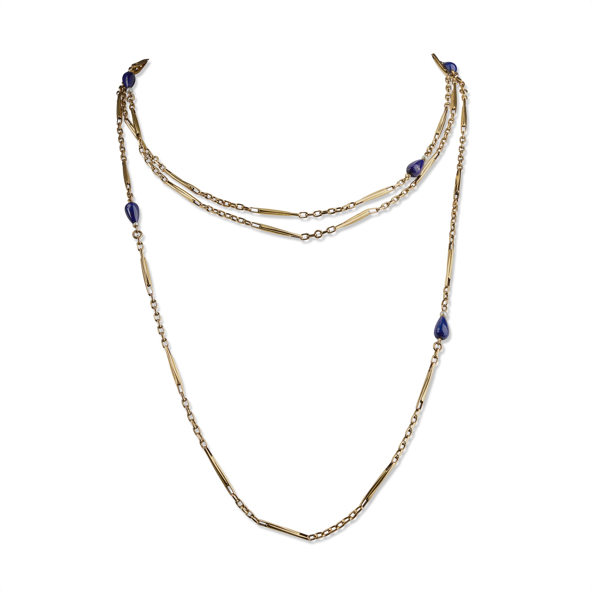 18K Gold Lapis Lazuli Long Chain Necklace for Women - Elegant French Jewelry Gift for Birthday, Anniversary & Special Occasions
