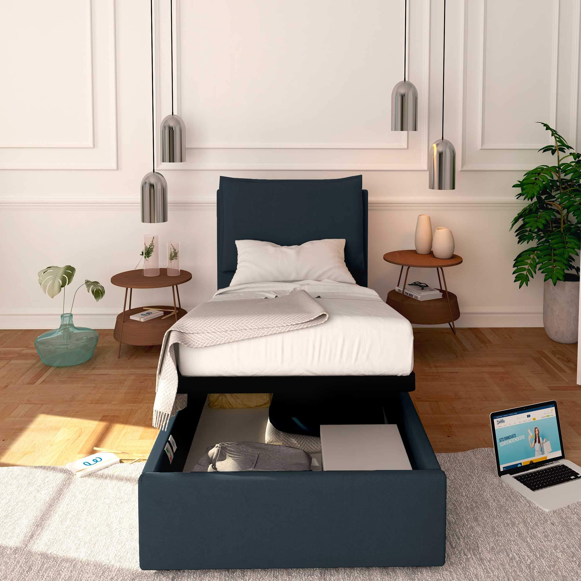 Baldiflex Single Bed with Storage, Licia Model, Synthetic Leather Upholstery, Slatted Base for Single Mattress, 90 x 190 cm, Padded Headboard, Blue Grey - Perfect for Small Bedrooms, Guest Rooms & Studio Apartments