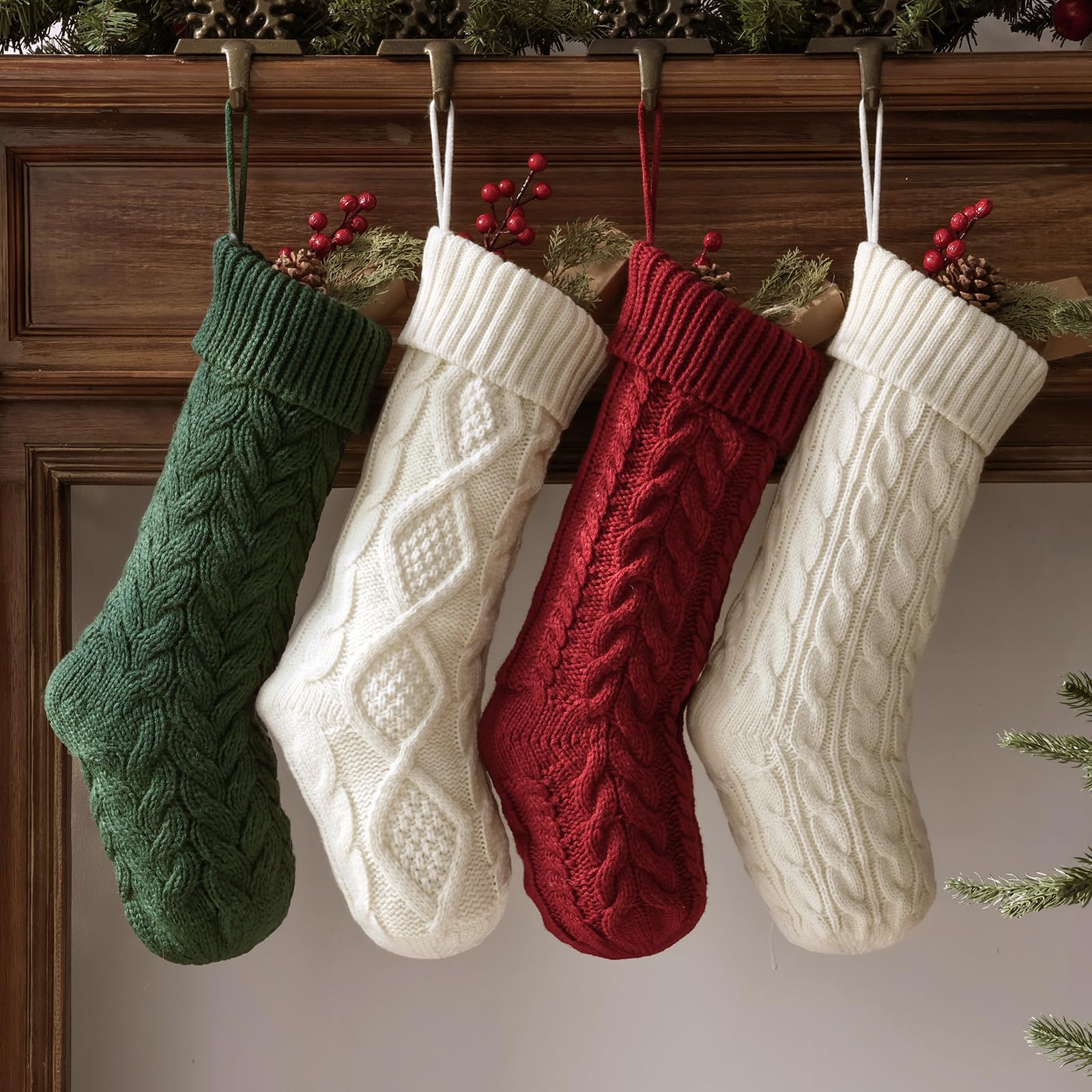 LimBridge Cable Knit Christmas Stockings - 4 Pack 18 Inch Large Knitted Holiday Stockings, Rustic Farmhouse Beige Boho Style Xmas Decor for Fireplace Mantel, Tree & Gift Exchange | Red, Green & White Holiday Decorations for Family & Festive Home Decor
