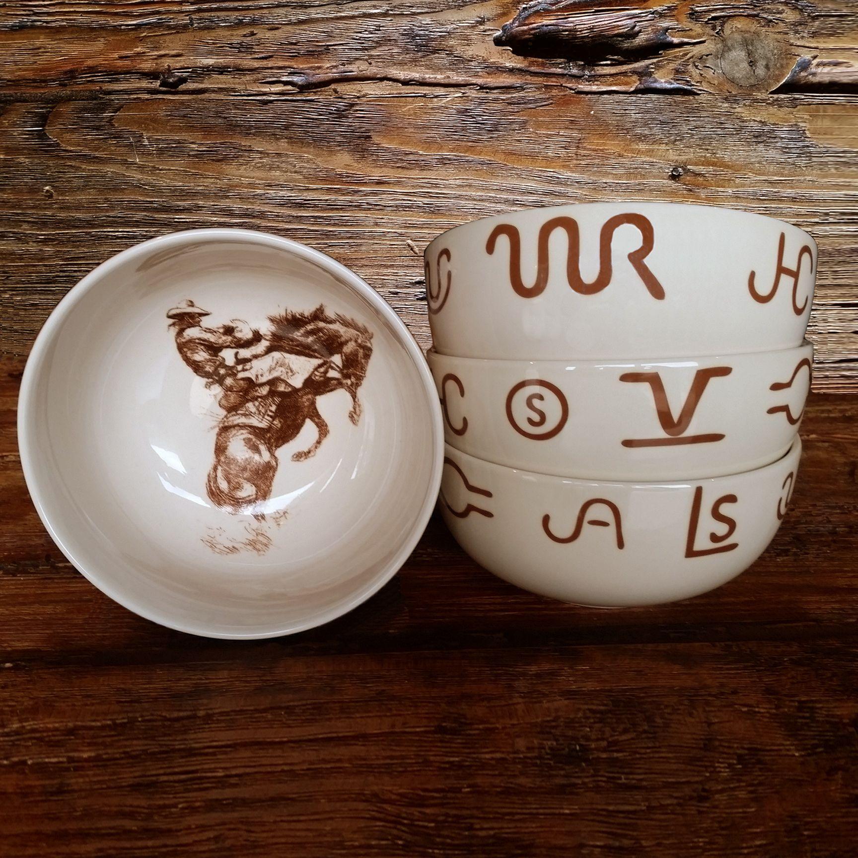 Cowboy Bronc & Brands Bowls - Western Style Ceramic Bowls for Soups, Salads & Snacks - Perfect for Ranch, Farmhouse & Country Kitchen Decor