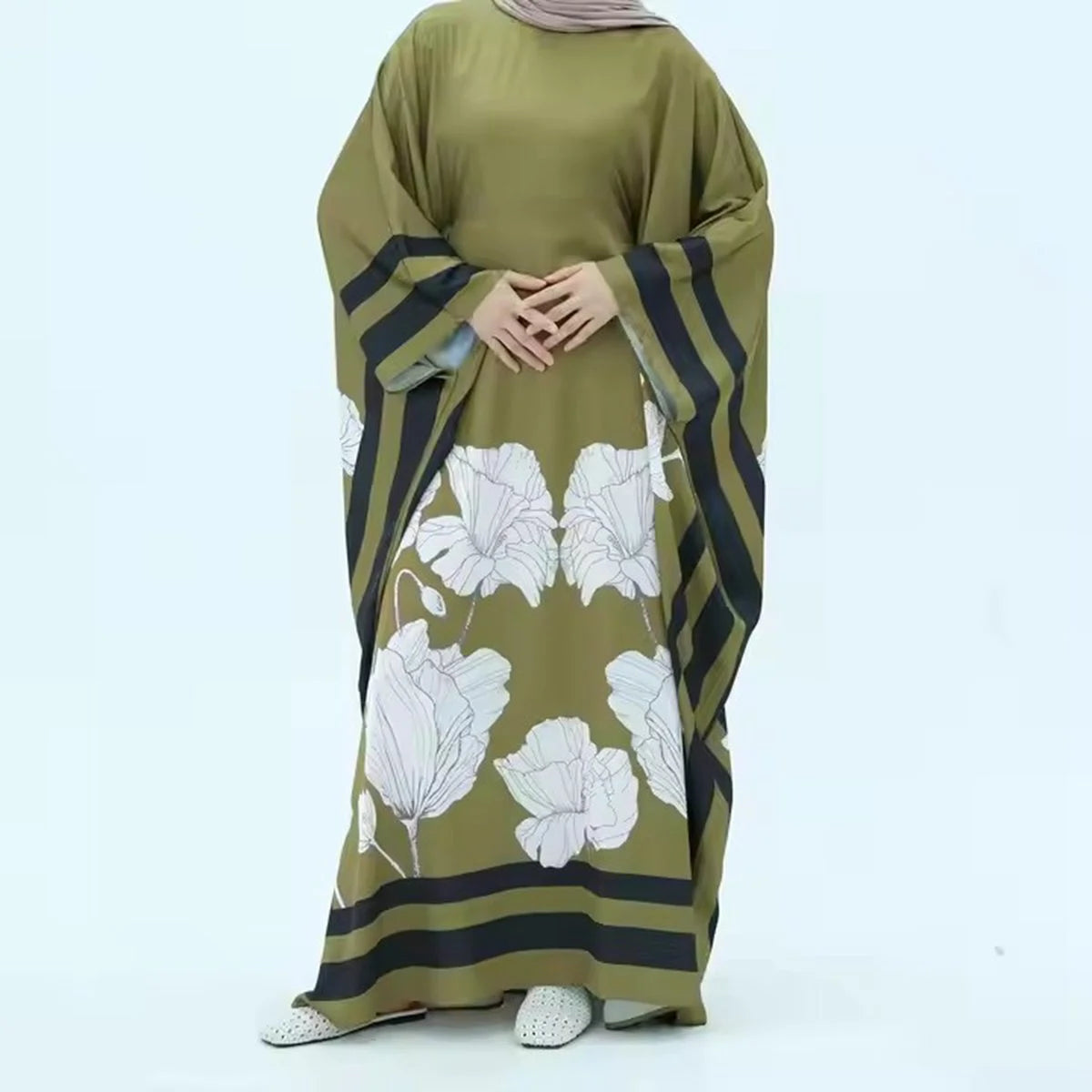 Elegant Satin Abaya Dress with Butterfly Sleeves - Floral Printed Islamic Prayer Dress in Maroon, Green, Pink & White - Perfect for Eid, Ramadan & Special Occasions