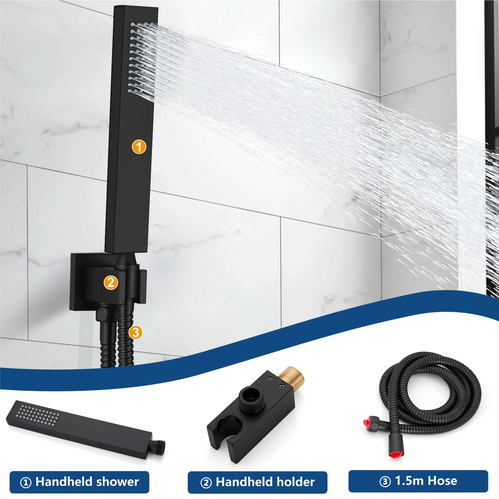 Midanya 12 Inch Matte Black Square Rainfall Shower System - Wall Mount Shower Head with Handheld Sprayer, Rough-in Valve & Mixer Trim Kit - Perfect for Modern Bathroom & Spa-Like Shower Experience