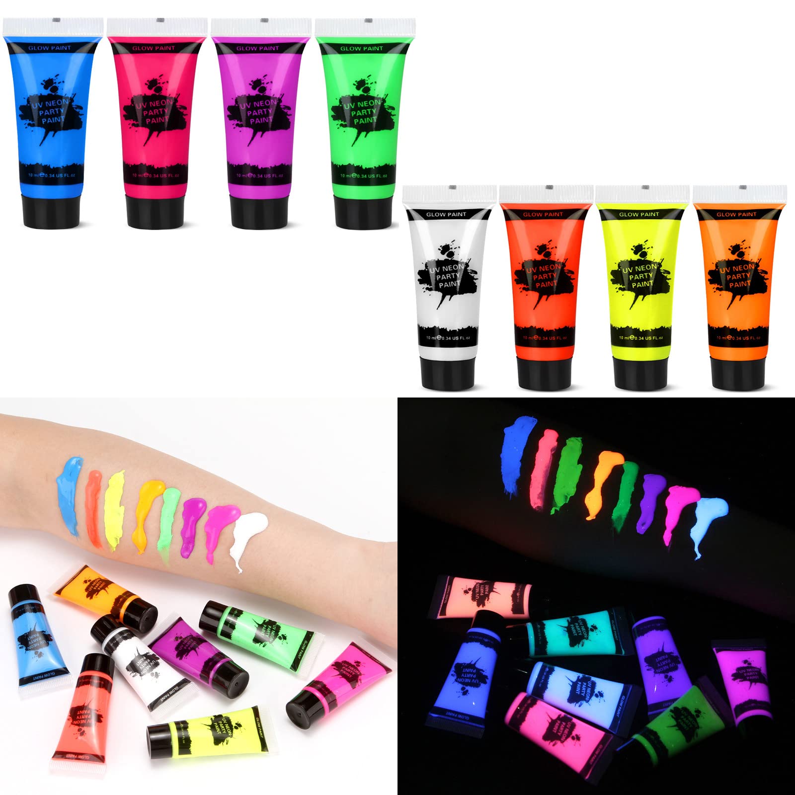 Blacklight Neon Face & Body Paint - 8 Tubes (0.34oz/10ml) Glow in The Dark, Fluorescent UV Party Makeup for Halloween, Raves & Festivals - Safe & Washable