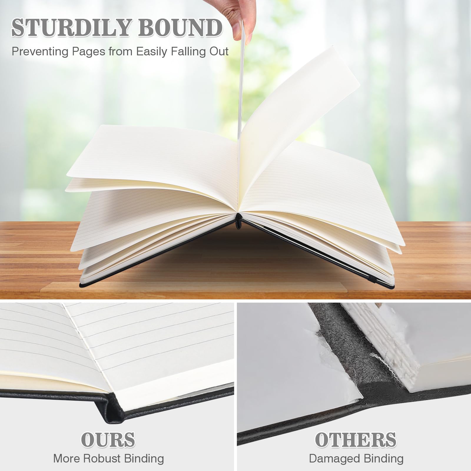 OMEYA 3-Pack A5 Lined Journal Notebooks - College Ruled Hardcover Notebook with 2 Pockets & Pen - 160 Pages Thick 100GSM Paper - Leather Writing Journal for Women & Men - Perfect for Work, School, Office & Travel (Black)