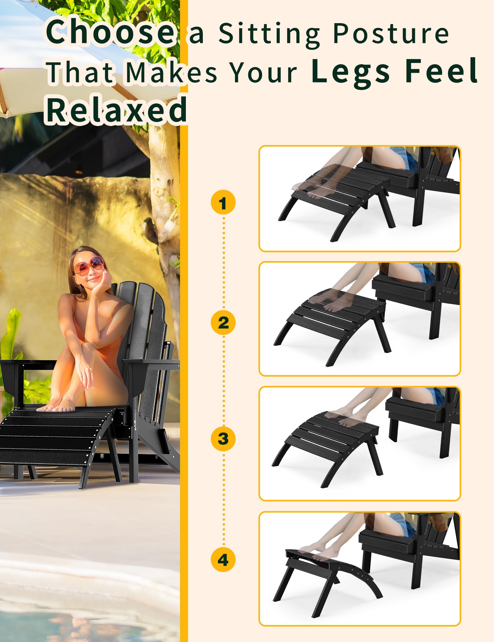 Premium Folding Adirondack Ottoman - All-Weather HDPE Outdoor Footrest for Adirondack Chairs | Patio, Backyard & Garden Decor | Space-Saving Storage Solution (Black) | Perfect for Relaxing by the Pool or Fire Pit