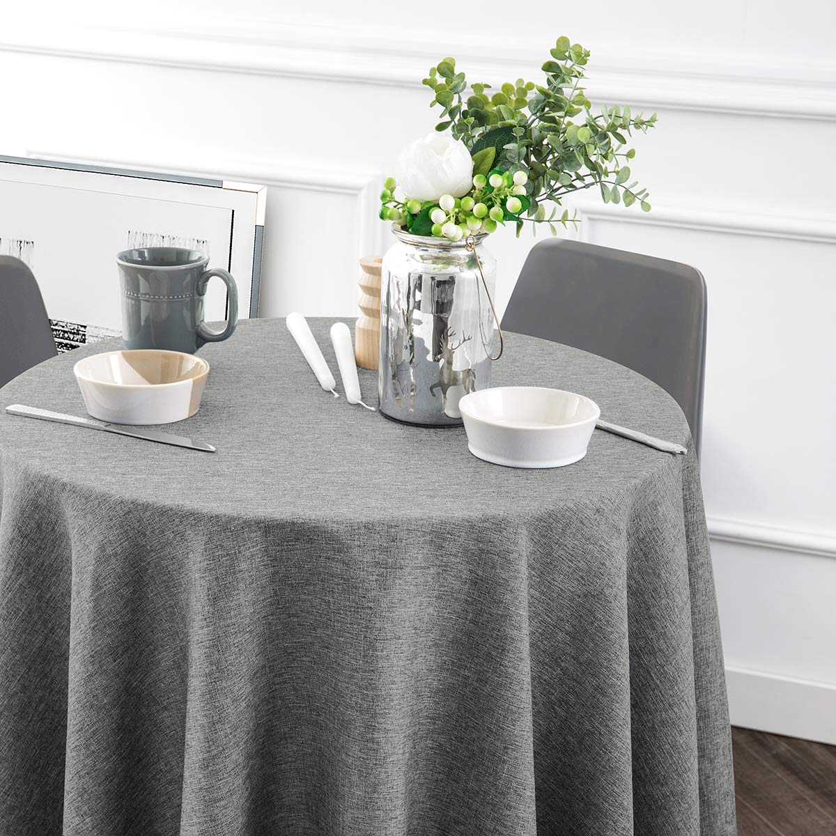 Premium Heavy Duty Linen Tablecloth - 60 Inch Round Stain-Proof Water Resistant Washable Table Cover for Kitchen, Dining Room, Holiday Decor (Grey) | Elegant Pompom Tassel Design for Weddings, Parties & Home Decor
