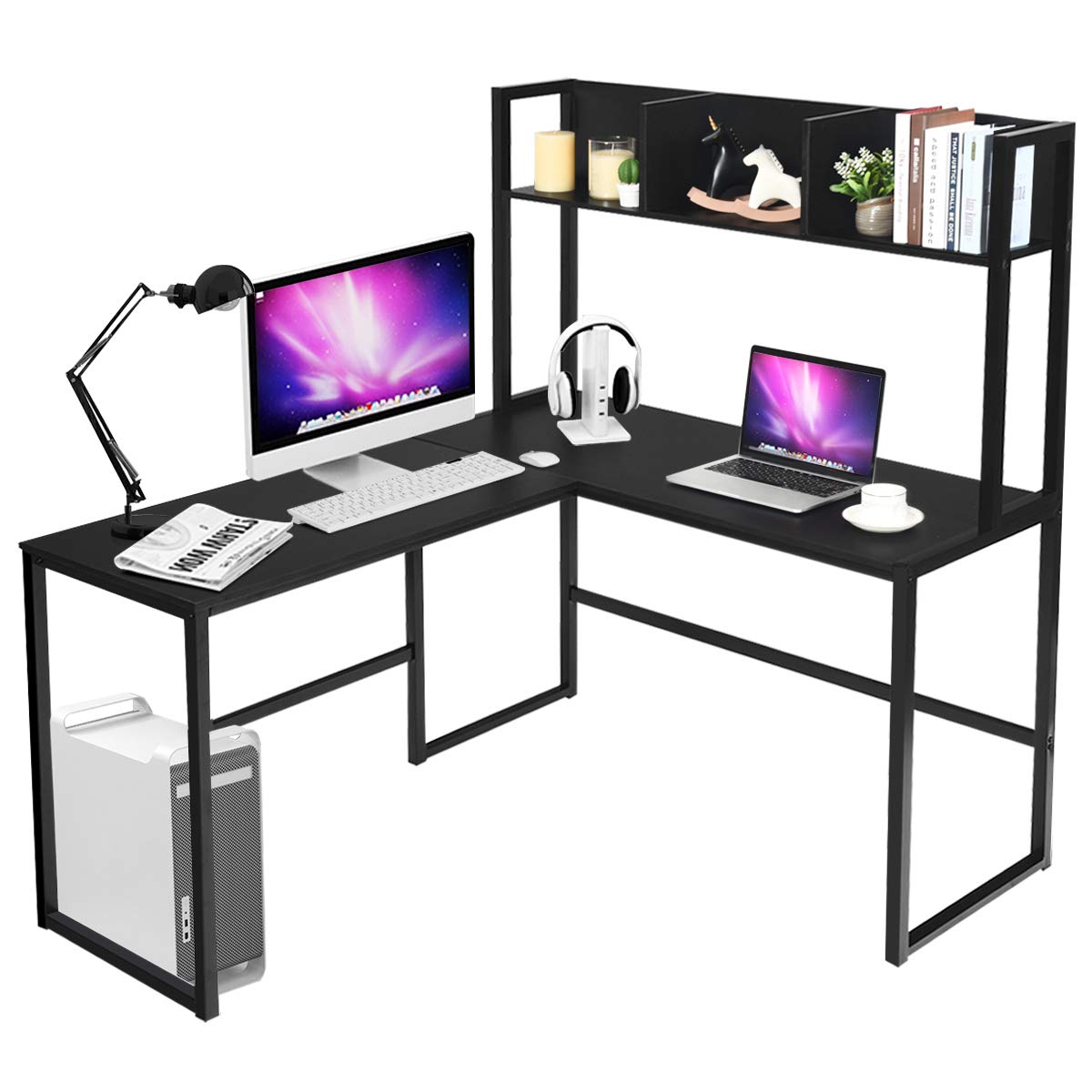 Tangkula Reversible L-Shaped Corner Desk with Hutch - Space Saving Home Office Computer Desk with Storage Shelves & Bookshelf, Study Writing Workstation for Gaming, Small Spaces & Remote Work