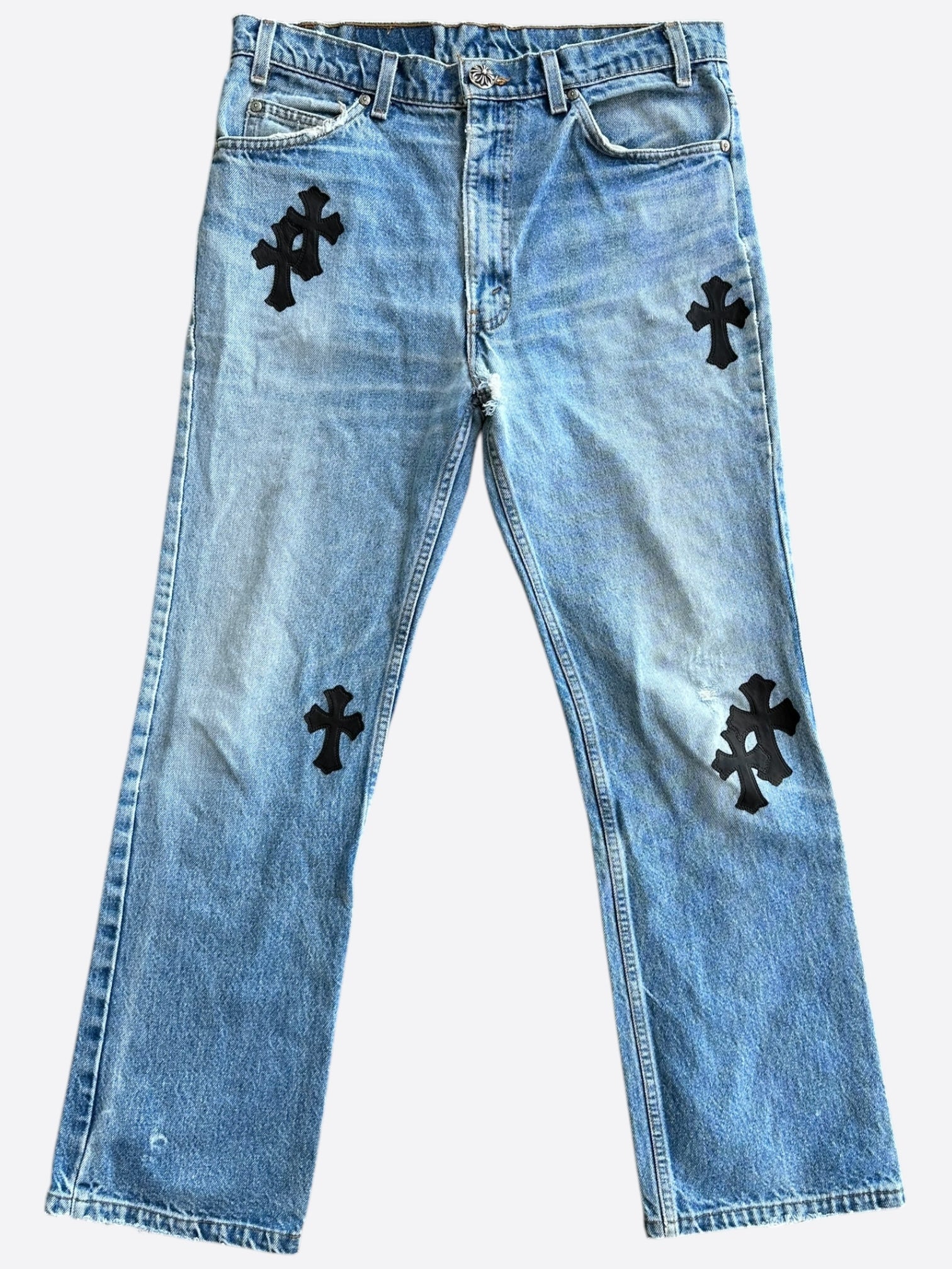 Chrome Hearts x Levi's Blue & Black Cross Patch Denim Jeans for Men - Stylish Vintage Streetwear for Casual Outfits and Night Out