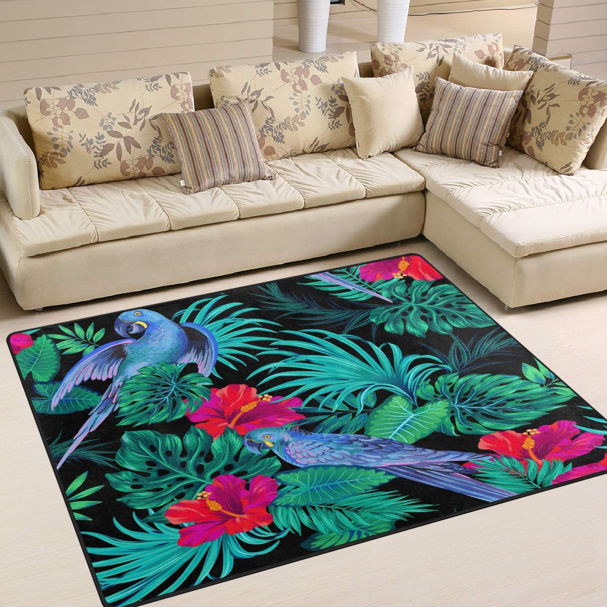 ALAZA Tropical Parrot Flower Monstera Palm Tree Leaves Area Rug - 7' x 5' Soft Non-Slip Floor Mat for Living Room, Bedroom, Nursery & Dorm Decor - Boho Chic Home Accent for Indoor Spaces