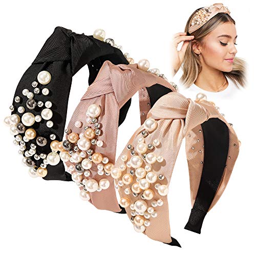 Elegant Knotted Pearl Headbands for Women - Non-Slip Fashion Hair Accessories | Stylish Hairbands for Girls & Women (Black, Pink, Gold) | Perfect for Weddings, Parties & Everyday Wear