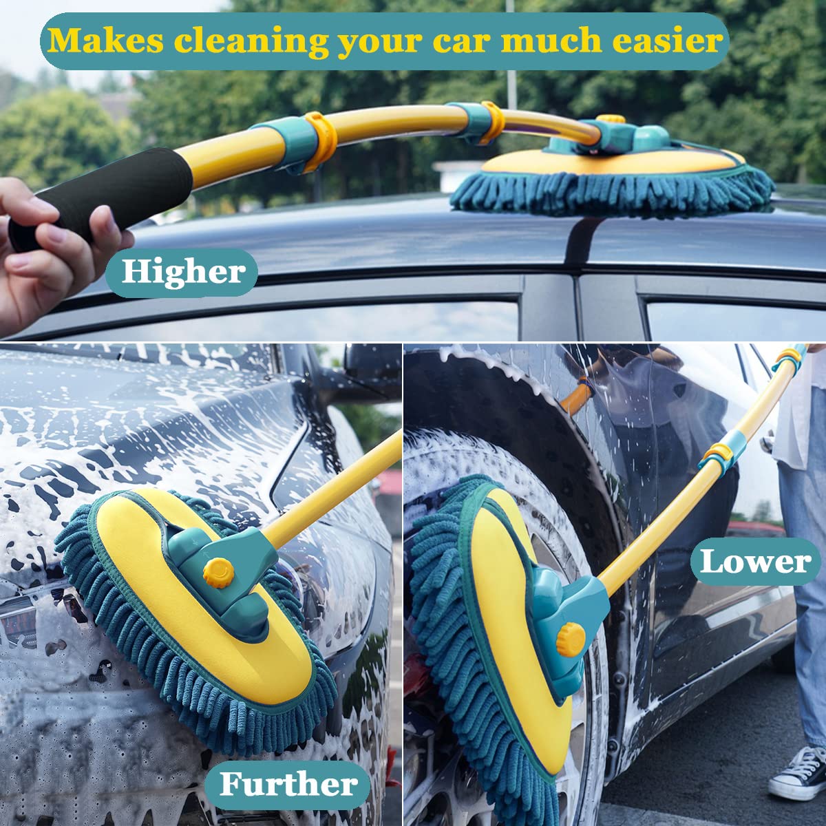 Long Handle Car Wash Brush with Microfiber Mitt, 1 Replacement Head & Extension Pole - Complete Car Cleaning Kit for Cars, Trucks, SUVs, and RVs - Ideal for Home and Professional Use