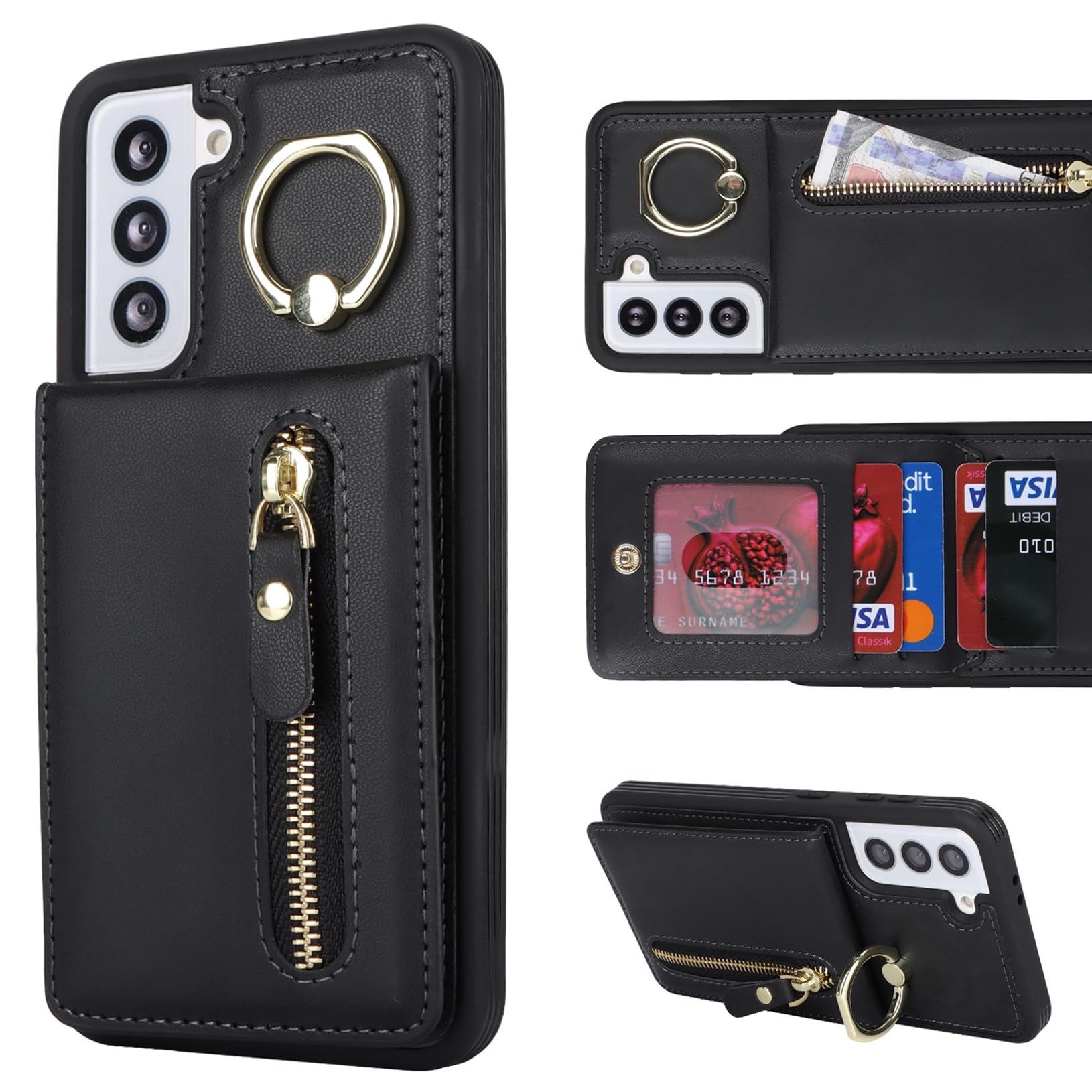 Samsung Galaxy S21 FE 5G Case with Card Holder & Kickstand - Leather Wallet Phone Cover for Women & Men | 6.4