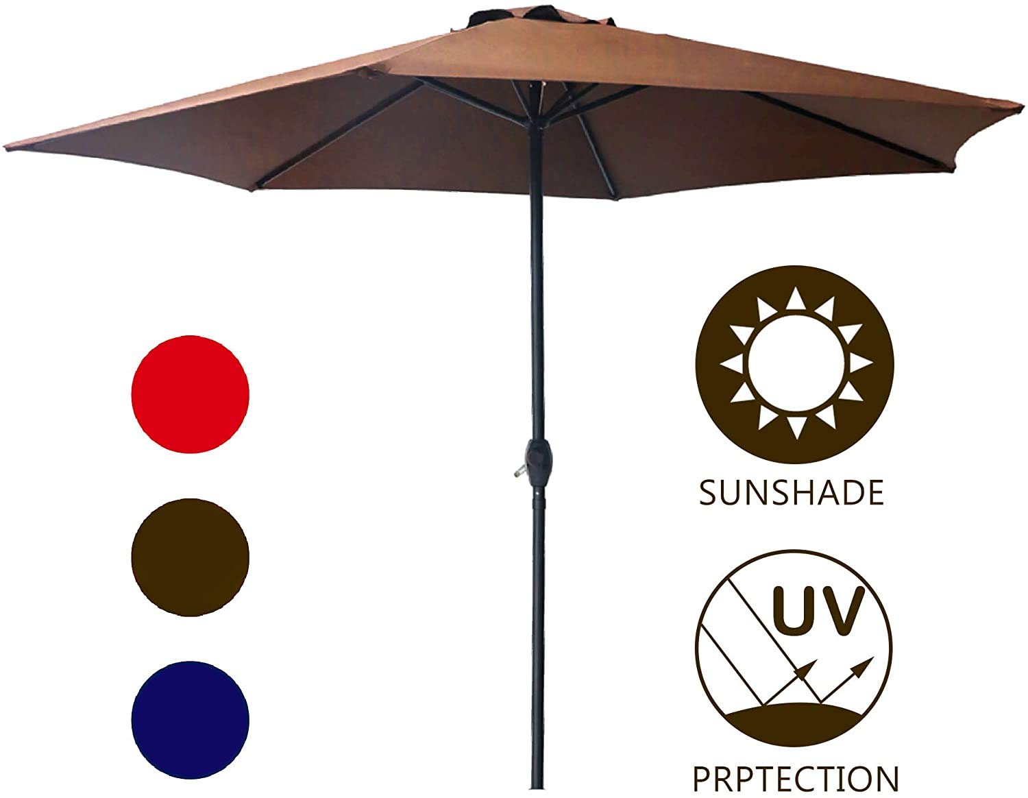 LOKATSE HOME 9 Foot Market Outdoor Patio Umbrella with 6 Heavy-Duty Steel Ribs & Easy-Turn Crank - Sun Shade for Poolside, Garden, Deck & Backyard (Brown)