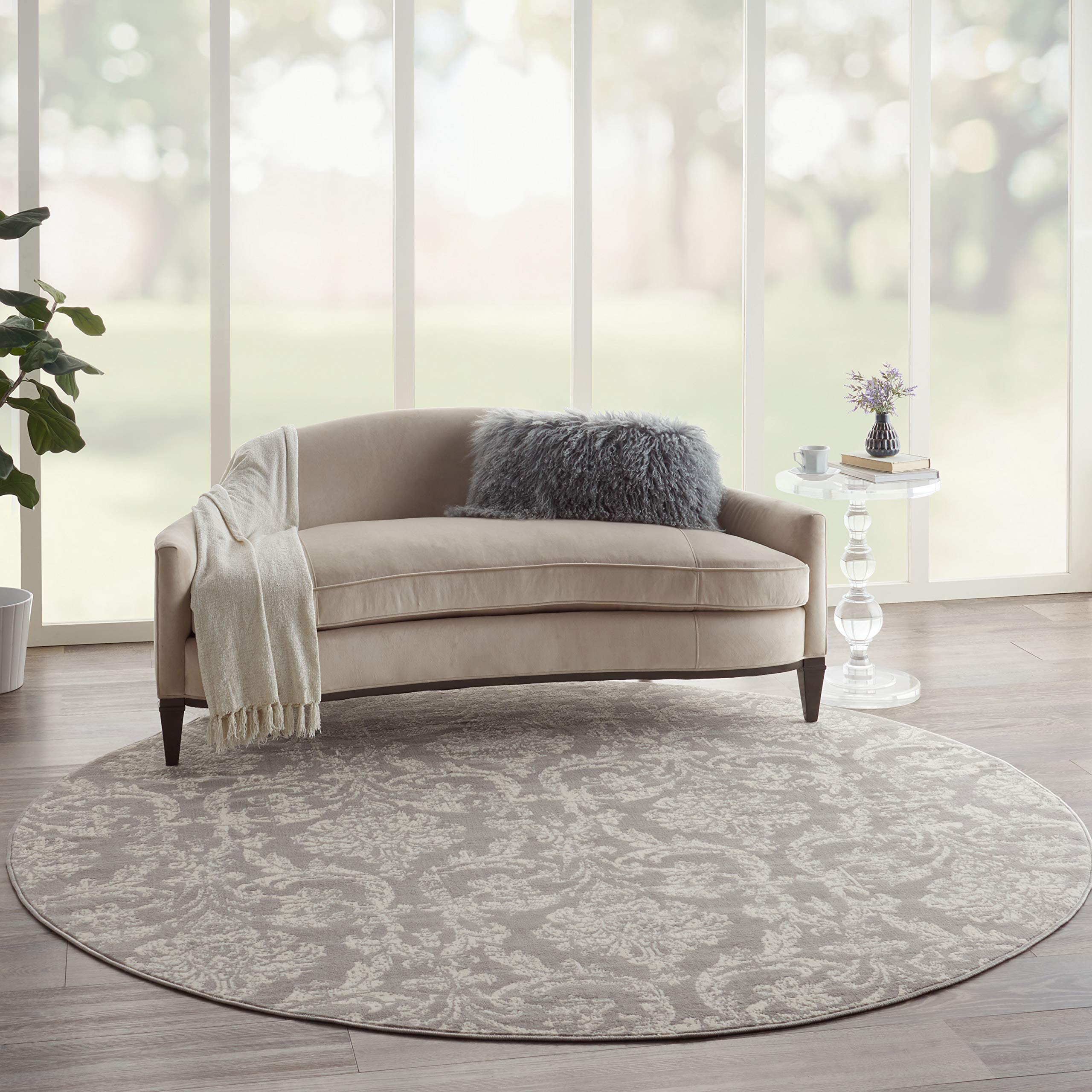 Nourison Jubilant Damask Grey 8' Round Area Rug - Easy Cleaning, Non-Shedding, Soft & Durable - Perfect for Bedroom, Living Room, Dining Room & Kitchen Decor (8' Round) - Ideal for Home, Office & High-Traffic Areas
