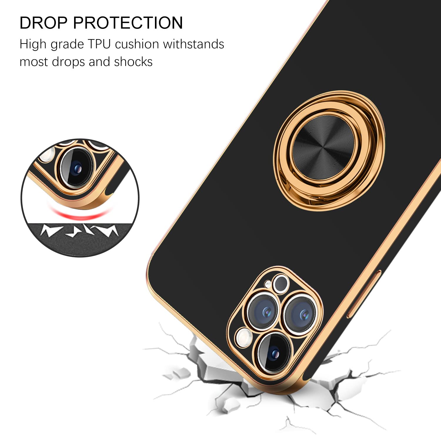 BENTOBEN iPhone 12 Pro Max Case with Ring Holder & Rotating Kickstand - Soft TPU Shockproof Protective Cover for Women (6.7 Inch, Black) | Perfect for Work, Travel & Daily Use
