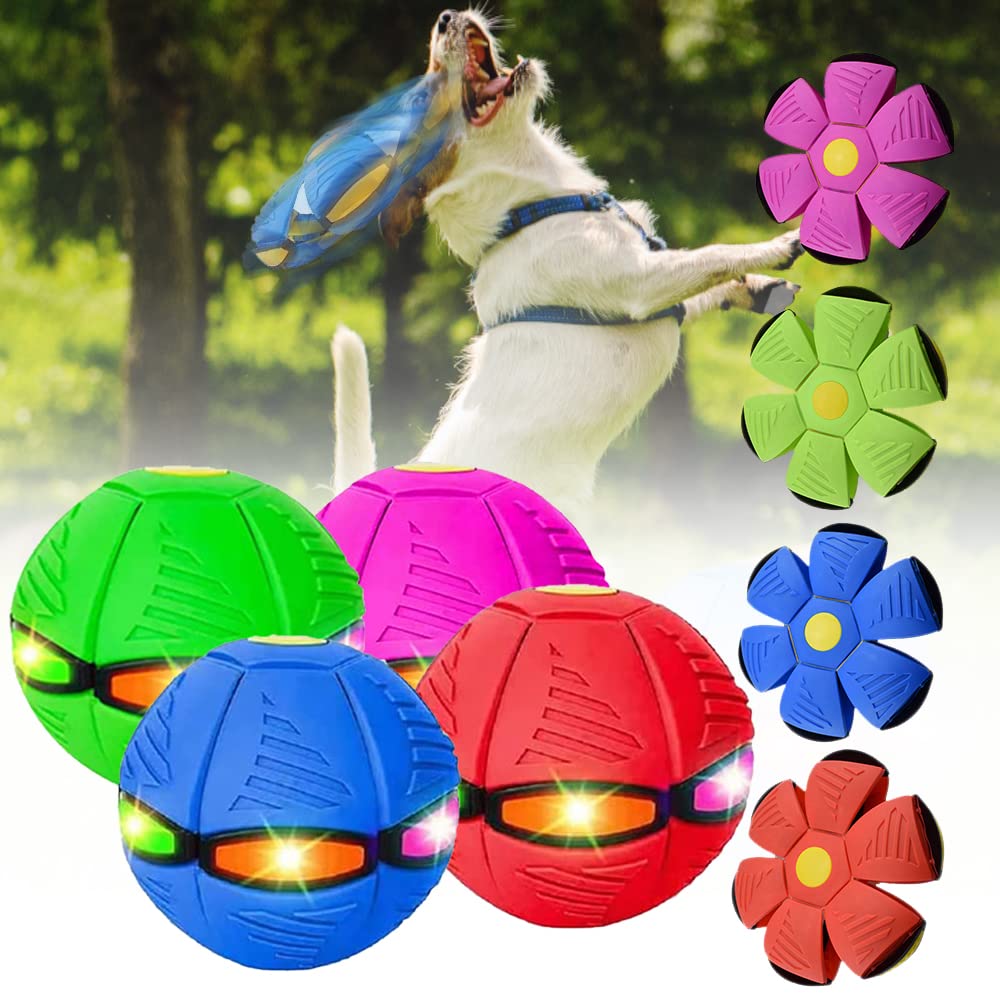 2023 New Durable 4-Pack Flying Saucer Ball Dog Toy - LED Light Up Magic Stomp Ball for Pet Stress Relief & Playtime | Interactive Outdoor/Indoor Play for Small & Medium Dogs