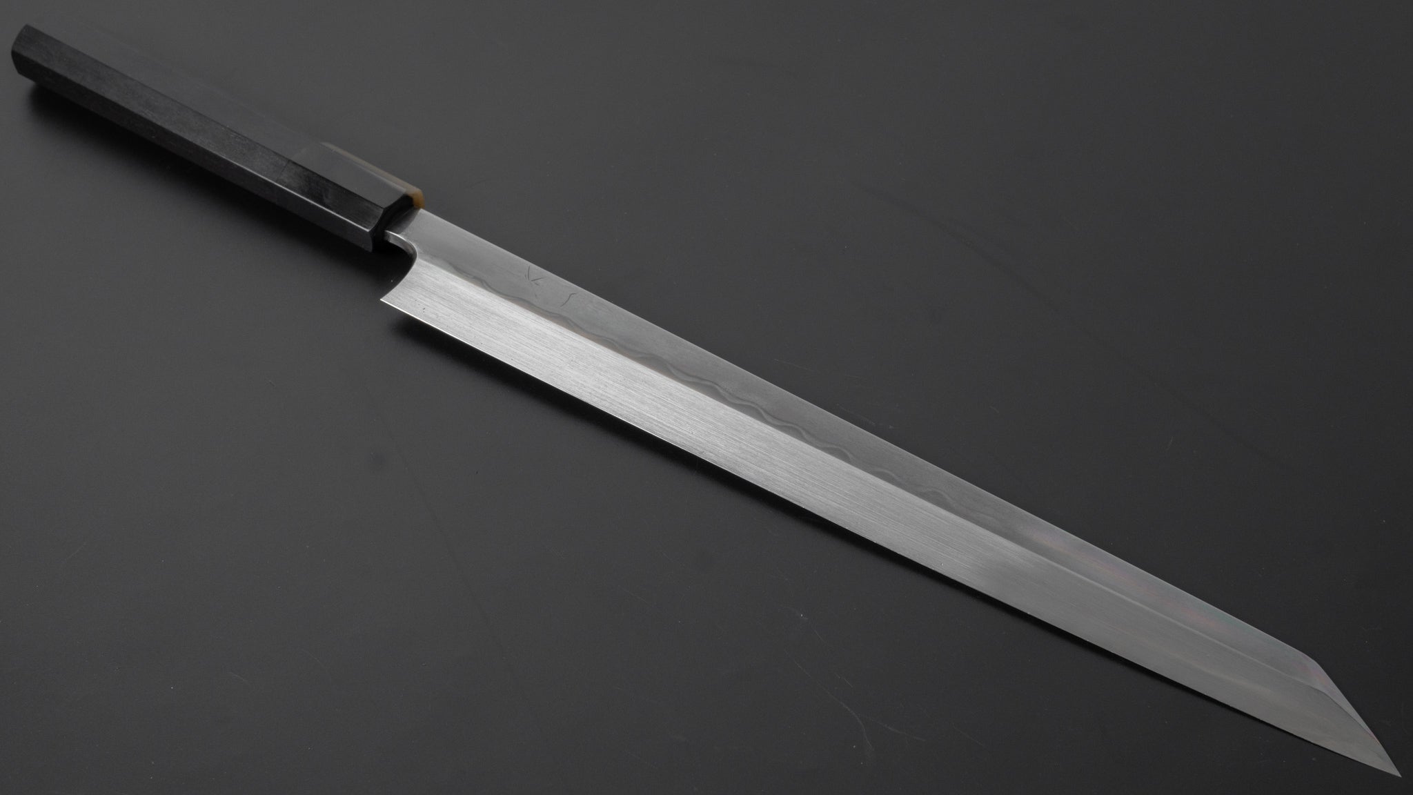 Hitohira Togashi White #1 Steel Hakumon Mizu Honyaki Kiritsuke Yanagiba 300mm Japanese Sushi Knife with Taihei Ebony Handle & Saya - Perfect for Sushi Chefs & Japanese Cuisine Preparation