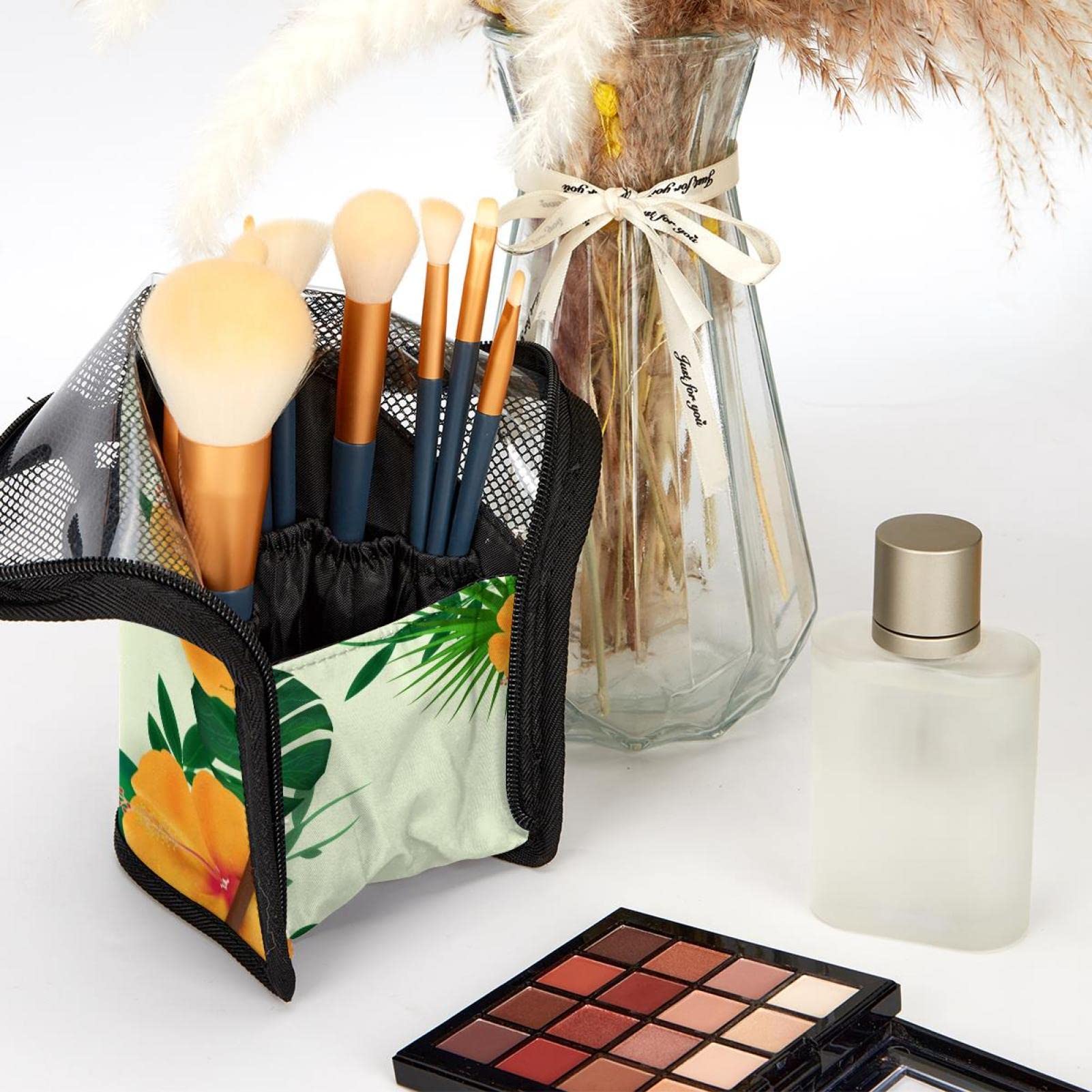 Premium 12-Piece Makeup Brush Organizer Bag with Tropical Leaves & Yellow Flowers Design - Portable Travel Makeup Brush Holder Case for Professional Artists & Beauty Enthusiasts - Perfect for Home, Travel & Salon Use