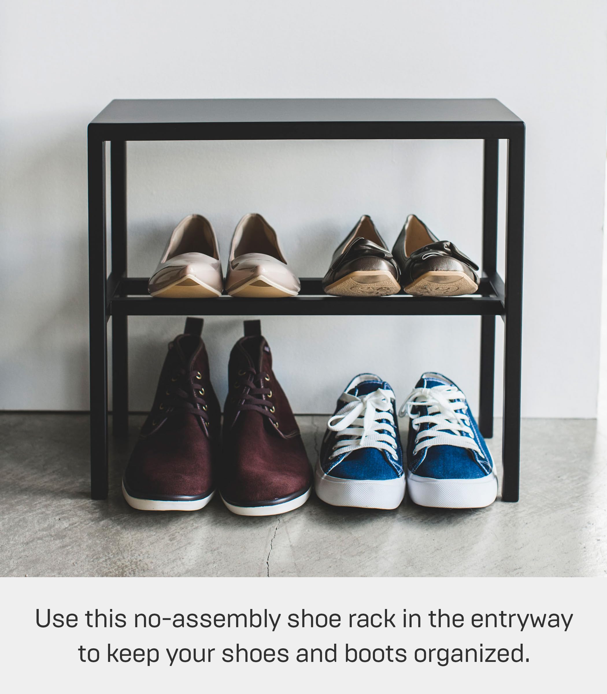 Yamazaki Home 2-Tier Steel Entryway Organizer & Shoe Rack - Black | Space-Saving Storage Solution for Small Apartments, Hallways & Closets | Durable Metal Shoe Shelf for Entryway Organization