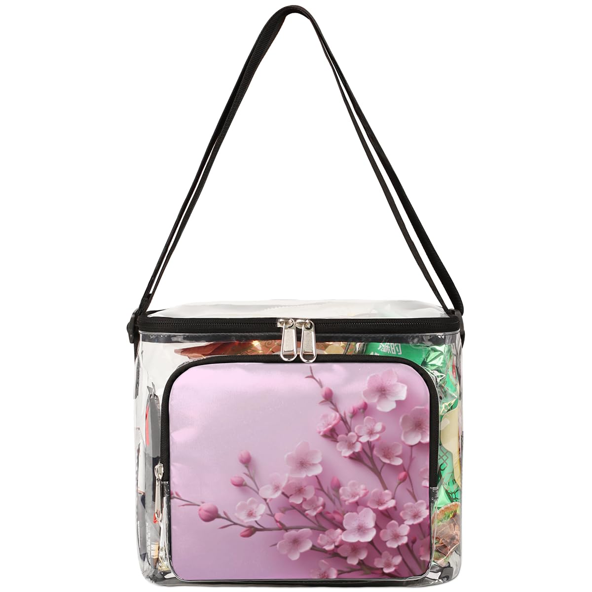 GzLeyigou Clear Transparent Tote Bag with Peach Blossom Floral Design - Crossbody Shoulder Bag for Women, Lunch Bag for Outdoor, Travel, Picnic, Concerts & Sports Events (Stadium Approved) - Perfect for Beach, Shopping, Music Festivals & Daily Use