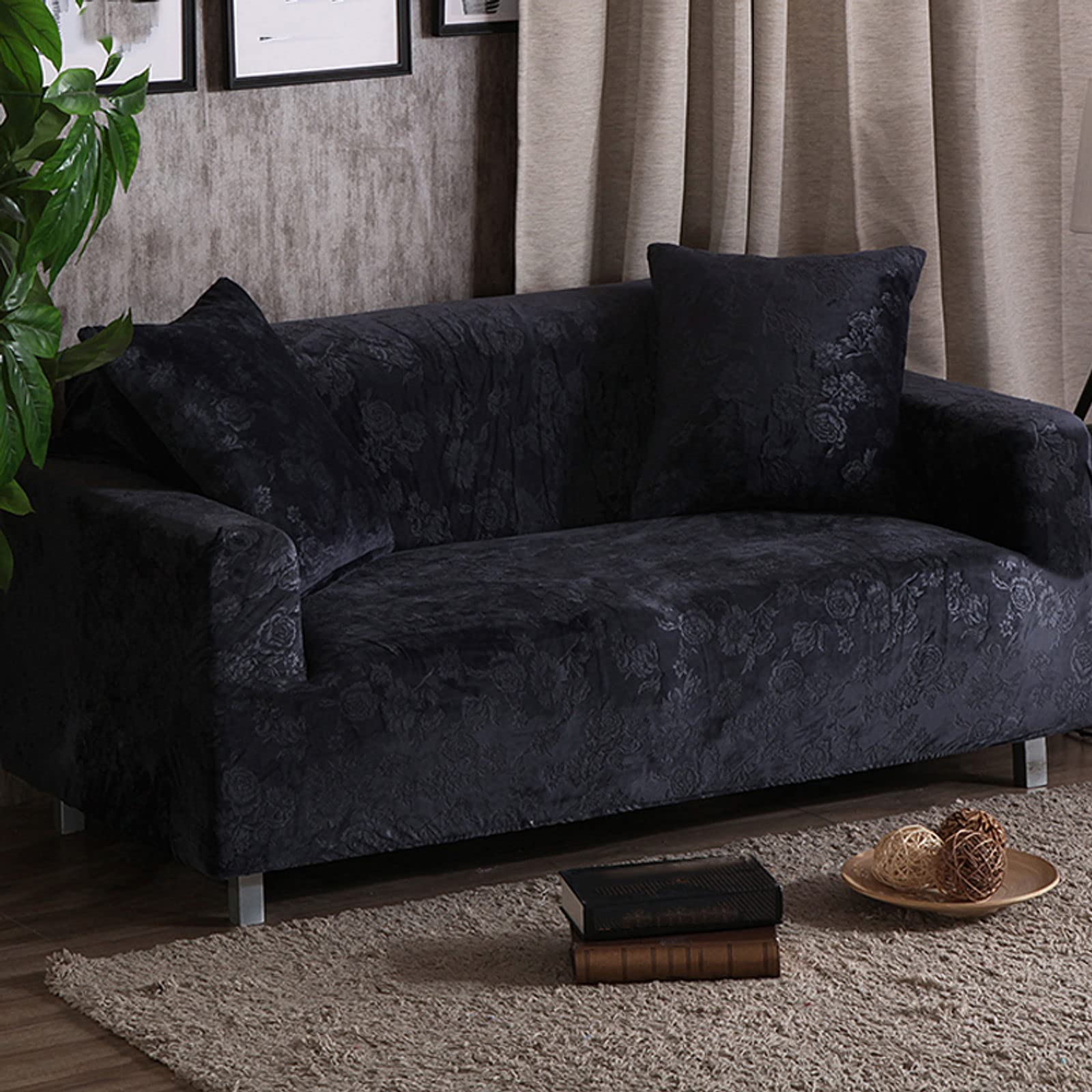 Velvet Sofa Slipcover - Stretch Jacquard Couch Cover with Elastic Edges | Super Soft Thickened Furniture Protector | Anti-Scratch Pet & Kid Friendly | Solid Color Living Room Decor for Home, Apartment