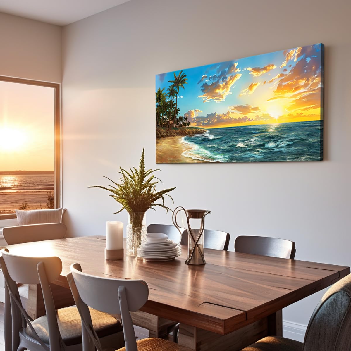 Popuwall XXLarge Tropical Beach Sunset Wall Art - Palm Trees & Ocean Waves Painting for Living Room, Bedroom, Farmhouse & Office Decor | Perfect for Coastal, Summer & Vacation Themed Spaces