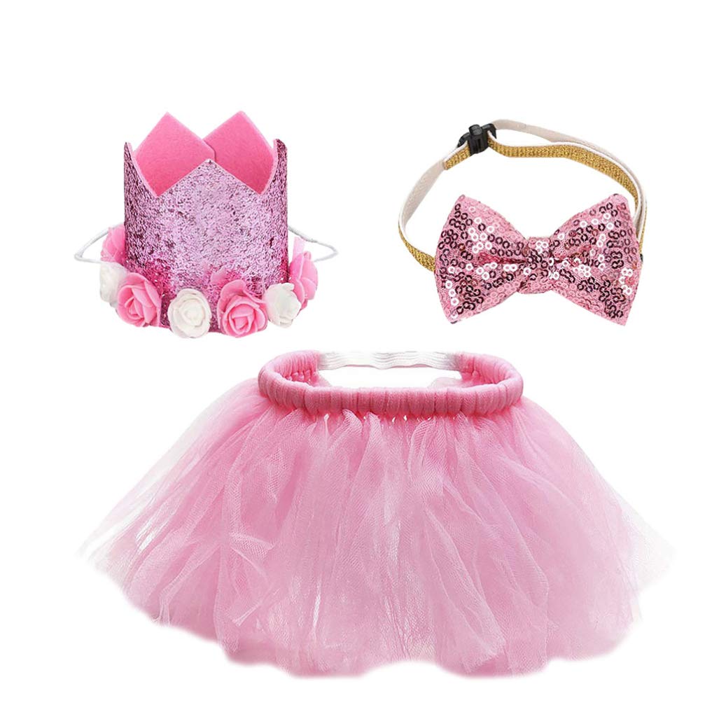 1 Set Pink Pet Mesh Tutu Dress & Hat for Medium Dogs - Birthday Party Outfit for Girl Dogs & Cats - Shimmery Skirt with Bow Tie - Perfect for Birthday Celebrations, Photo Shoots & Special Occasions
